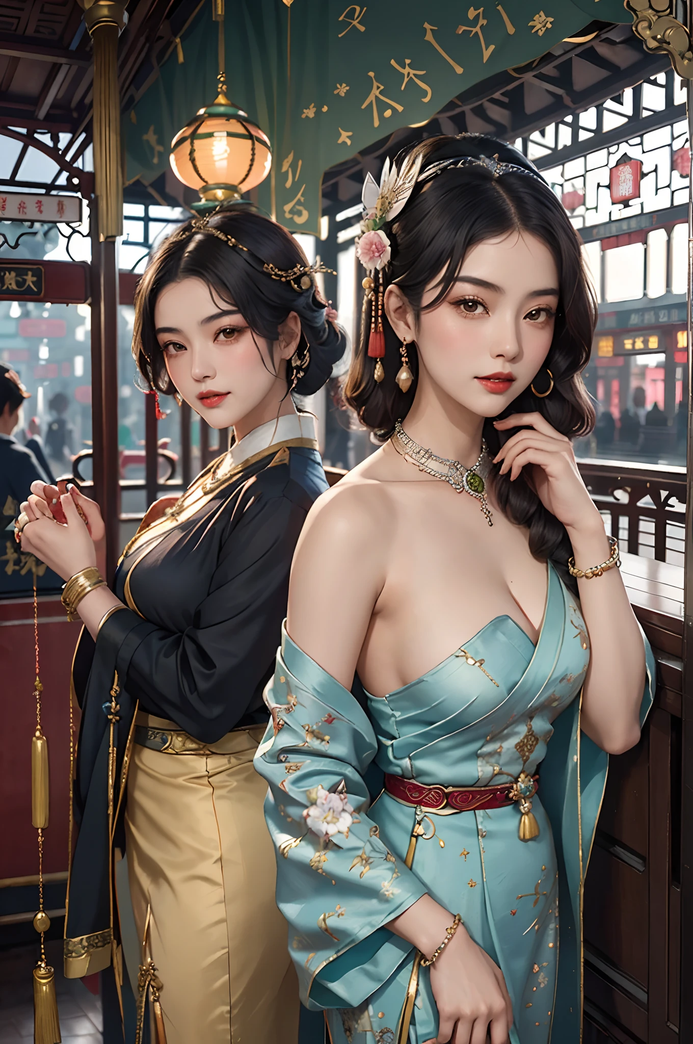 Two beautiful girls,leering:1.4, Lovers, lesbians,(in the railway station 1920's Shanghai,retro train background:1.6),(Taoist hairstyle,Giant hairstick:1.6,oiran hair ornament,armlets, bangle:1.3),Dodge kisses,bauhaus, bulgari, official valentino editorial,half-open lips, Suck your lips firmly, Drooling, elegant, Brilliant, Beautiful, Blush (0.2), Gorgeous, Beautiful, Gorgeous, gentle, Starry sky, Milky Way, Summer triangle, Tanabata and bamboo ornaments, Precise drawings, a detailed drawing,