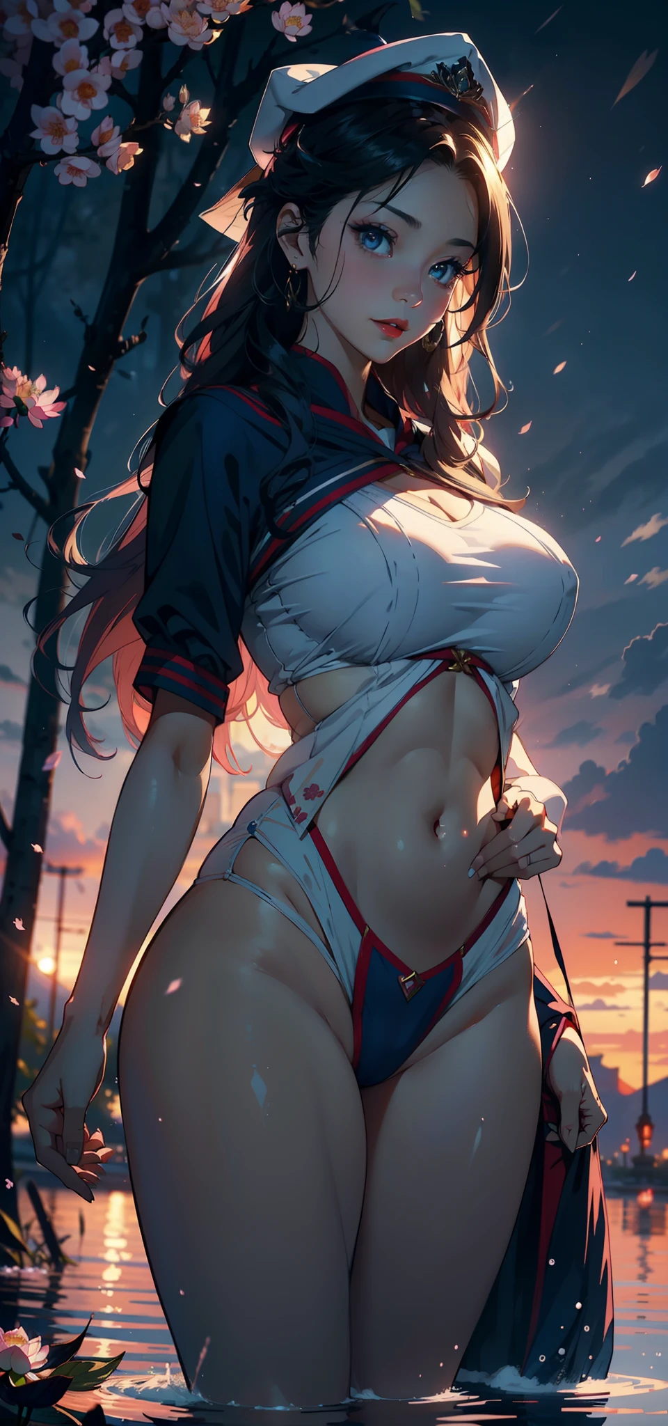1female,35yo,A MILF,熟妇,Married Woman,plumw,extremely large bosom, 独奏,(Background with:lakes,Cherry blossom forest,lotus flower)Lie underwater, She has long pink hair,standing on your feet,seen from the front,, mostly cloudy sky,(((tmasterpiece),(Very detailed CG unity 8K wallpaper),best qualtiy,cinmatic lighting,detailed back ground,beatiful detailed eyes,Bright pupils,Black eyes,Snow-whiteskin,Redlip(Very fine and beautiful),(Beautiful and detailed eye description),ultra - detailed,tmasterpiece,))facing at camera,A high resolution,ultra - detailed),revealing breasts,Bare genitalia, Bulge,legs are open,Raised sexy,Camel toes,Flushed complexion,Desire for dissatisfaction,ssmile,frontage,(Wearing:a sailor suit,Sailor's cap,Superman uniform)