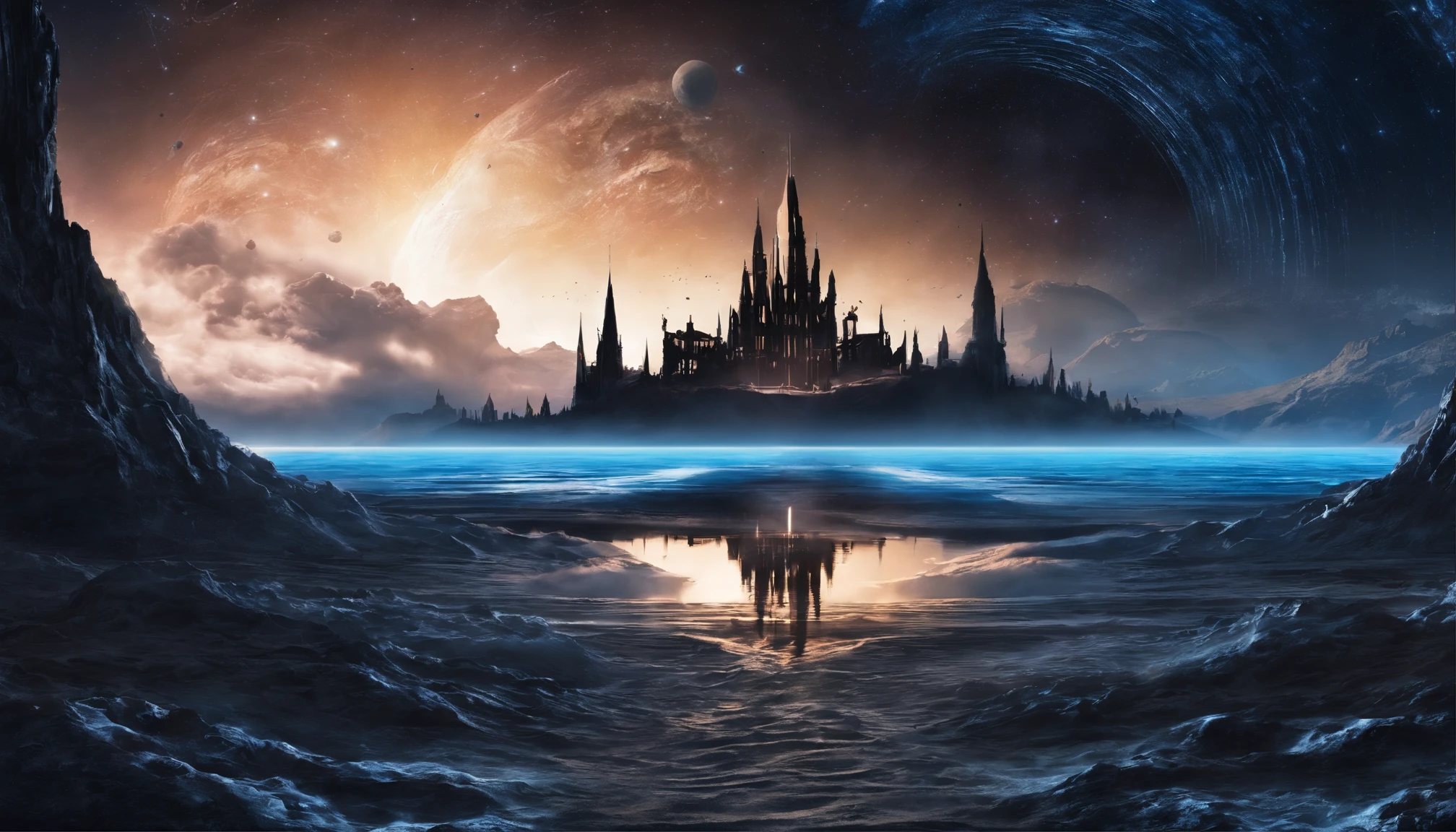 huge planet, the night, starrysky, surrealism, masutepiece, hight resolution、Impressive Milky Way:1.9、sand beach、Vast blue ocean、Blue Waves、Blue glacier、lightning bolt:1.9、Protoplanets、pure beauty