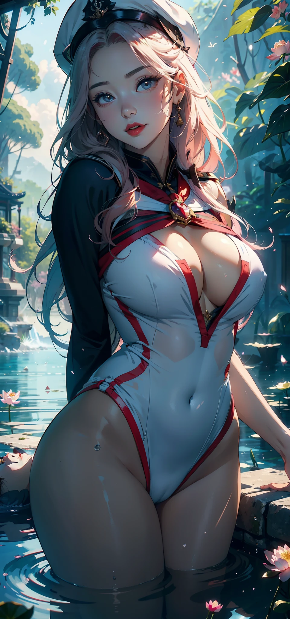 1female,35yo,A MILF,熟妇,Married Woman,plumw,extremely large bosom, 独奏,(Background with:lakes,Cherry blossom forest,lotus flower)Lie underwater, She has long pink hair,standing on your feet,seen from the front,, mostly cloudy sky,(((tmasterpiece),(Very detailed CG unity 8K wallpaper),best qualtiy,cinmatic lighting,detailed back ground,beatiful detailed eyes,Bright pupils,Black eyes,Snow-whiteskin,Redlip(Very fine and beautiful),(Beautiful and detailed eye description),ultra - detailed,tmasterpiece,))facing at camera,A high resolution,ultra - detailed),revealing breasts,Bare genitalia, Bulge,legs are open,Raised sexy,Camel toes,Flushed complexion,Desire for dissatisfaction,ssmile,frontage,(Wearing:a sailor suit,Sailor's cap,Superman uniform)