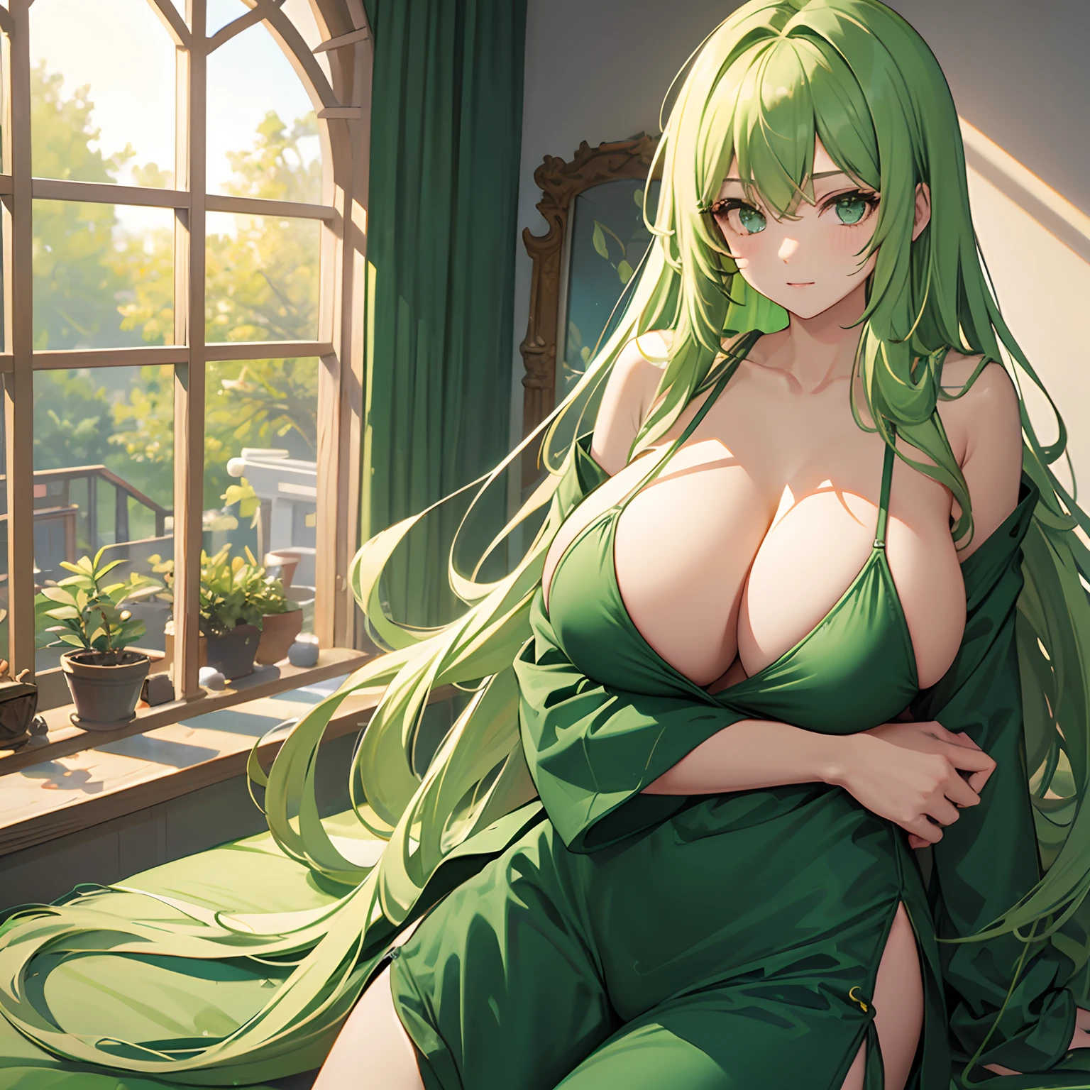green long hair,leisure wear,huge tit