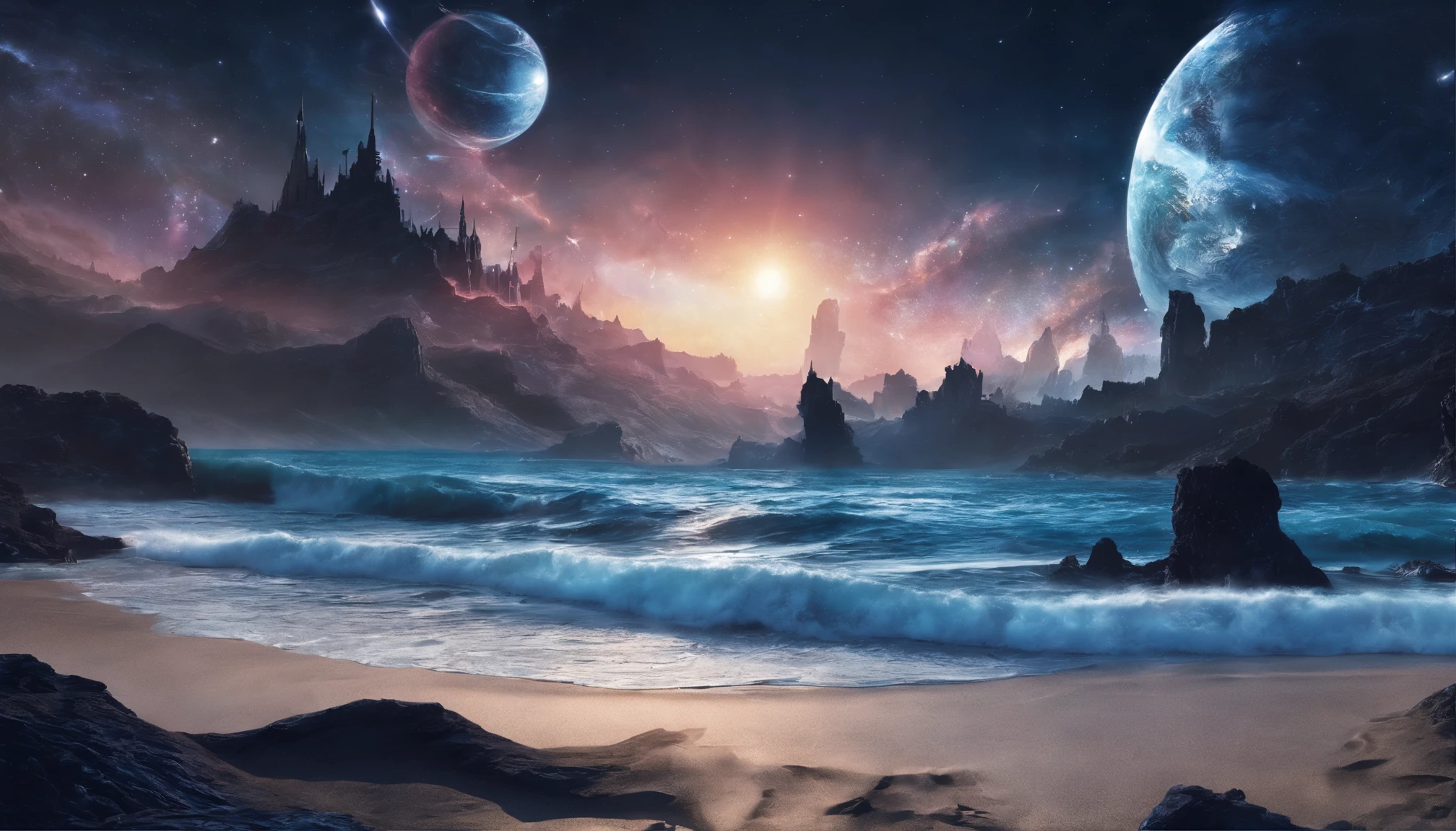 huge planet, the night, starrysky, surrealism, masutepiece, hight resolution、Impressive Milky Way:1.9、sand beach、Vast blue ocean、Blue Waves、Blue glacier、lightning bolt:1.9、Protoplanets、pure beauty