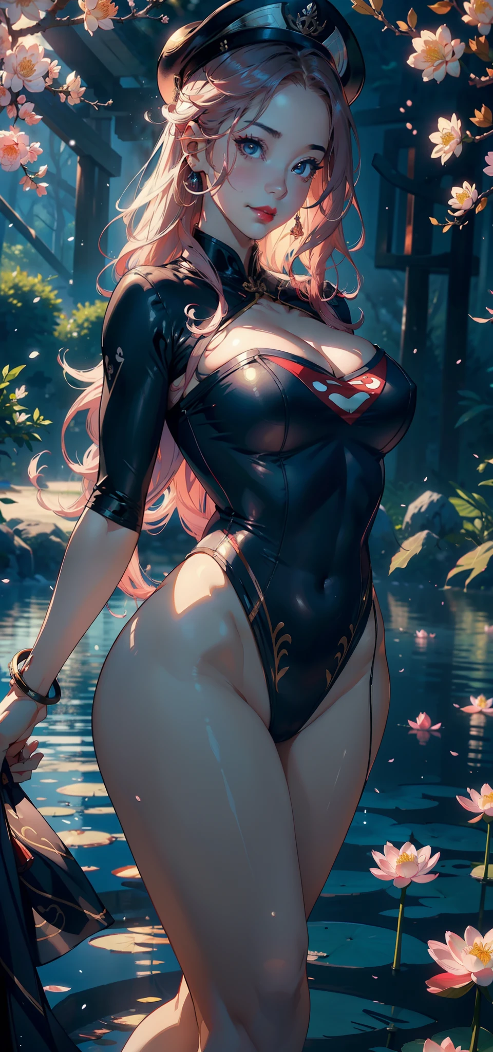 1female,35yo,A MILF,熟妇,Married Woman,plumw,extremely large bosom, 独奏,(Background with:lakes,Cherry blossom forest,lotus flower)Lie underwater, She has long pink hair,standing on your feet,seen from the front,, mostly cloudy sky,(((tmasterpiece),(Very detailed CG unity 8K wallpaper),best qualtiy,cinmatic lighting,detailed back ground,beatiful detailed eyes,Bright pupils,Black eyes,Snow-whiteskin,Redlip(Very fine and beautiful),(Beautiful and detailed eye description),ultra - detailed,tmasterpiece,))facing at camera,A high resolution,ultra - detailed),revealing breasts,Bare genitalia, Bulge,legs are open,Raised sexy,Camel toes,Flushed complexion,Desire for dissatisfaction,ssmile,frontage,(Wearing:a sailor suit,Sailor's cap,Superman uniform)