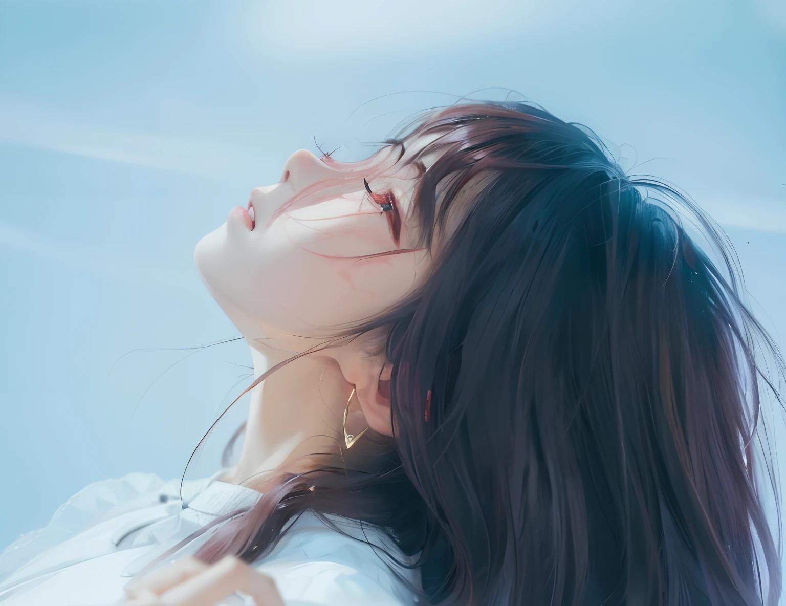 1 Korean girl, Repainted face, smooth facial features, redness on the face, no decoration on the facial features, facing upwards, eyes closed, beautiful hair, black to reddish hair, wearing a bright plain white dress, wearing earrings, red thin aunt, anime