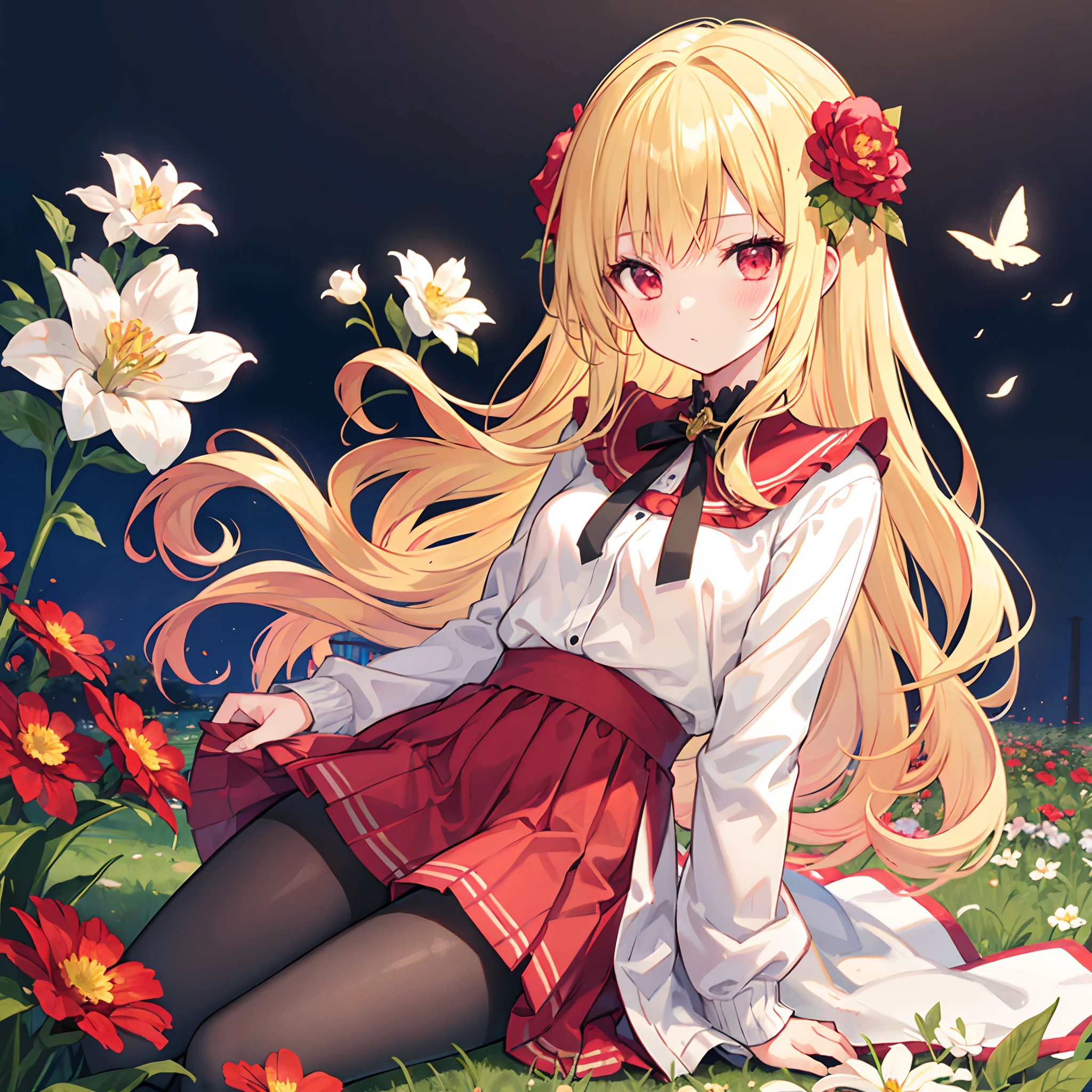 Wavy blonde、red eyes、Beautiful girl alone、red blush、Fluffy clothes、Black tights、flower  field