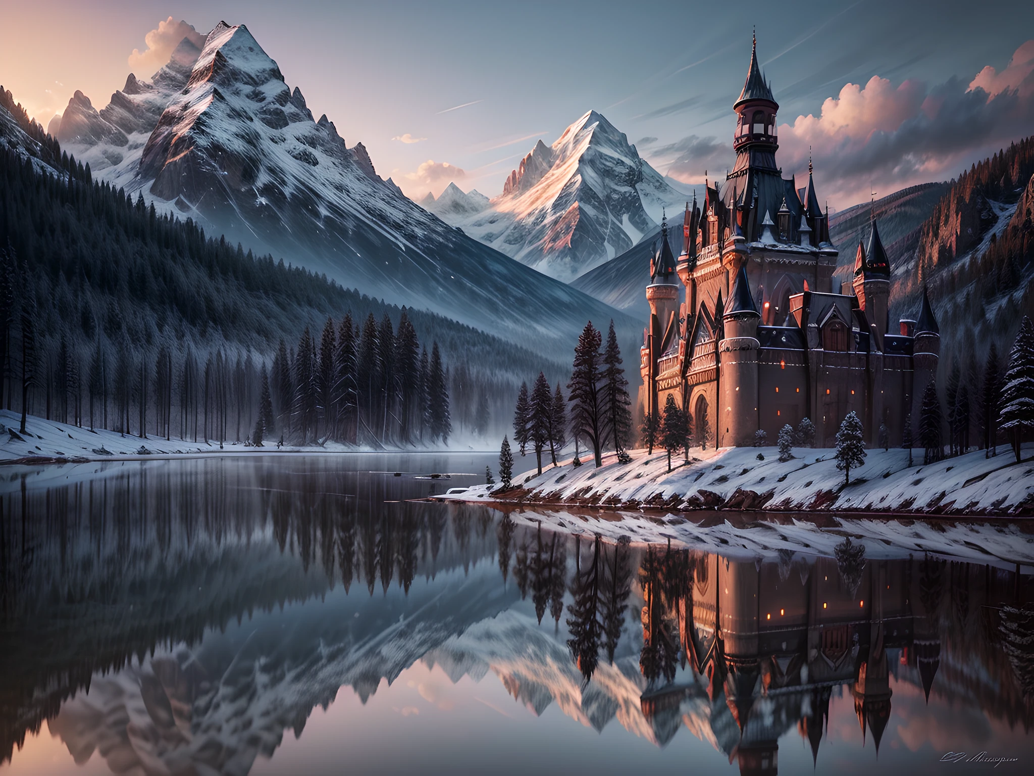 fantasy art, RPG art, photographic, National Geographic quality picture, award winning, (Best Detailed: 1.5), (best quality: 1.5) picture of an epic 1solocastle near the lake at dawn, its a Middle ages castle it is master crat artistry, state of the art military architecture, perfect for defending its king, majestic castle, there are (4 towers: 1.2), (massive walls: 1.2), (barbicans: 1.2), (flags: 1.2), ( a bridge: 1.2), (banners flying high: 1.3)the entire castle is being reflected in the lake in a perfect image (Best details, Best quality: 1.5), the lake is calm and placid, its dawn, the sun is rising, there some light clouds in the sky, and sun rays, behind the castle there is a missive snowy mountain as background best quality, (extremely detailed), ultra wide shot, photorealism, depth of field, hyper realistic, 2.5 rendering,
