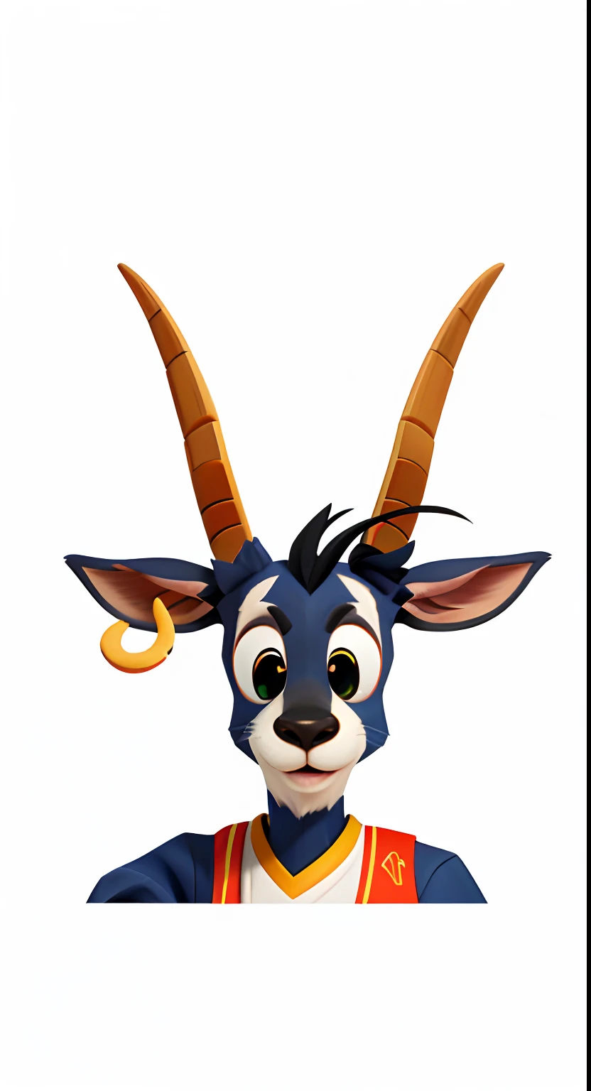 There's a goat with a basketball jersey and a basketball jersey, Mascot illustration, orelhas longas e pontudas, "Retrato de um animal de desenho animado, mascote da equipe esportiva, com chifres, an anthropomorphic deer, mascote esportivo, anthropomorphic character, arte oficial do personagem, cauda longa com chifres, Goat horns on the head, Personagem Antasy, orelhas pontudas