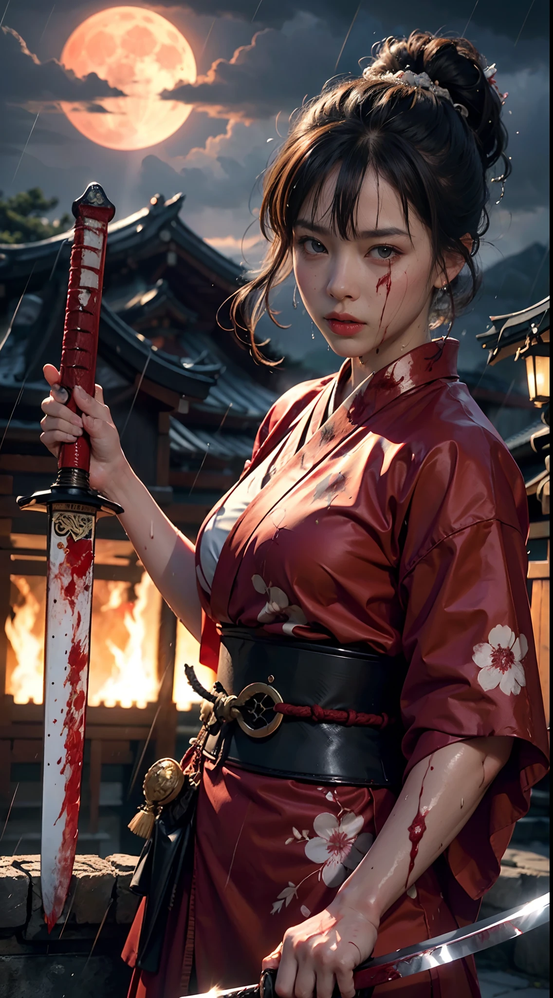 [object Object], (Detailed face features:1.3),1woman,delicate face,bright eyes,beautiful face,((japanese princess)),in the palace,japanese architecture,flames of war raging everywhere,((fighting stance:1.2)),((blunt bangs)),outdoor,((wet clothes)),wet skin,((stormy rain:1.3)),cloudy sky,Japanese Warring States Clothing,red color sky,((full-moon:1.2)),at night,fierce wind,dynamic shot,black hair,long hair,red and white clothing ,Phoenix patterned clothing,
(RAW photo, 16k, masterpiece, best quality: 1.2), (ultra realism, hyper detailed and intricate realism: 1.3), (wide depth of field, radiant mapping, ray tracing, god rays: 1.2), High dynamic range, vivid, rich details, clear shadows and highlights, realistic, intense, enhanced contrast,(((samurai sword in hand))),((blood on face:1.3)),((damaged clothing:1.3)),HDR,natural lighting,chignon,strong gaze