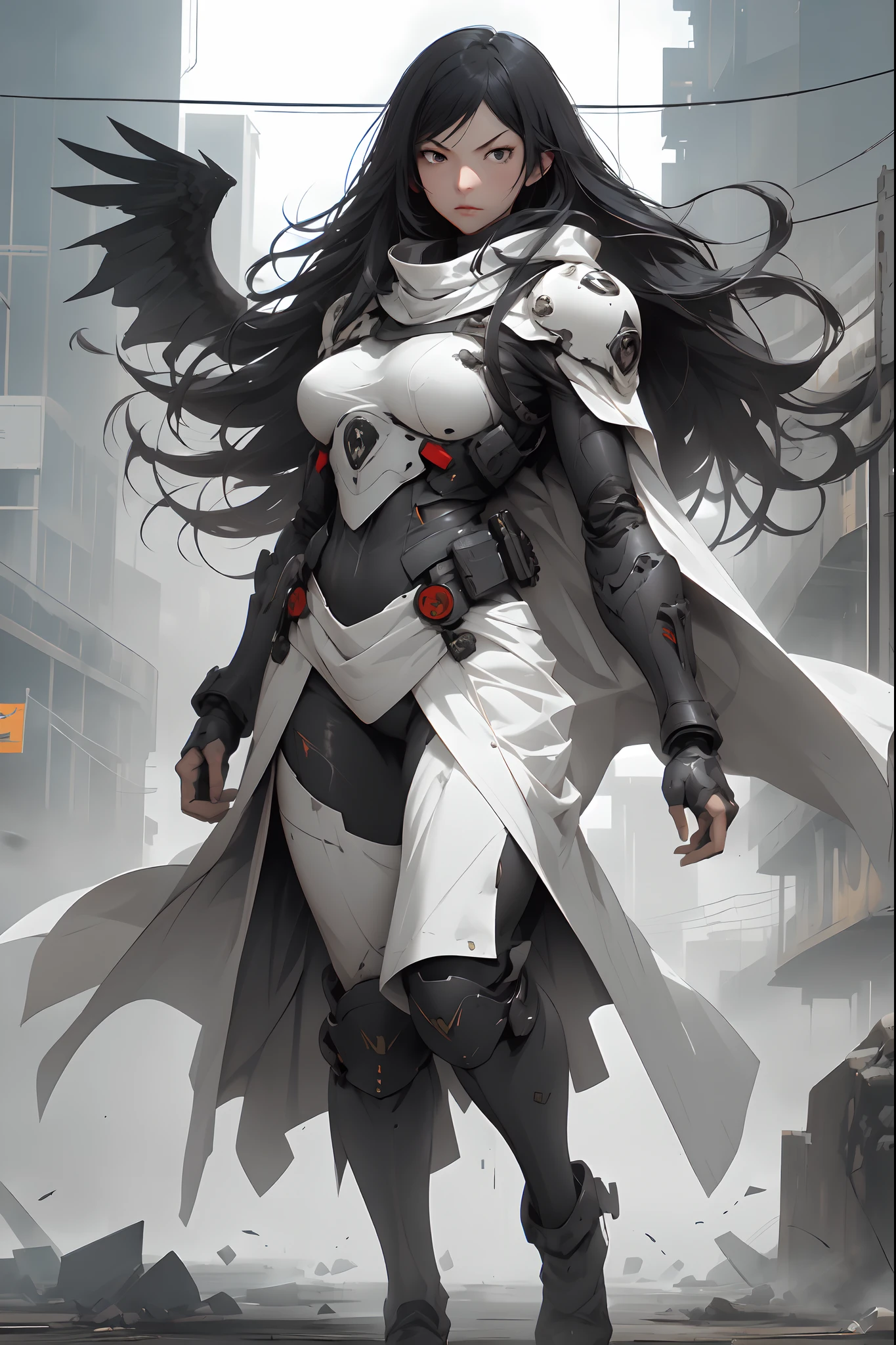 generate a High quality image of kurihara Mari from prison school, black long hair, grey eyes, angry facial expression, full body view, (wearing mechanical white Armour, cape), running destroy ground in the destroyed other dimension, cinematic fog, crows in the sky.