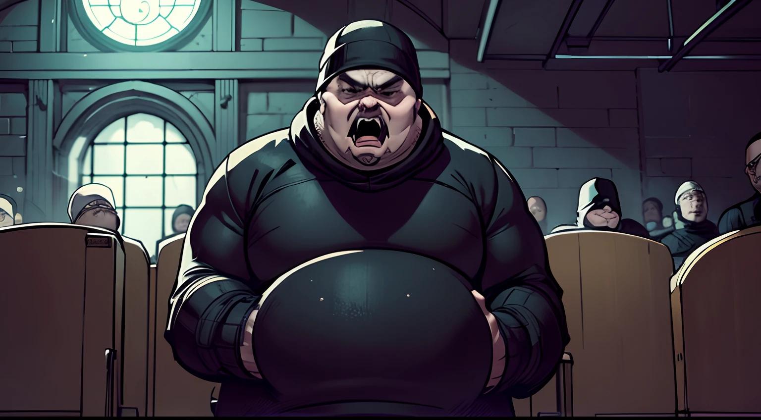 fat man, robber, wearing a black sweater, black beanie hat, bald, creepy face, sad, scream, inside gotham city church, night time