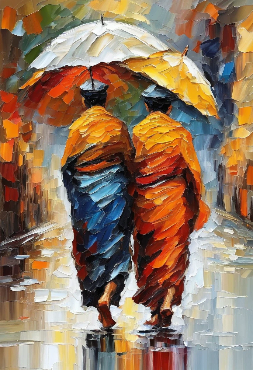 3 monks went back, RAINING SEASON, best composition, white background masterpiece oil painting, impasto painting.