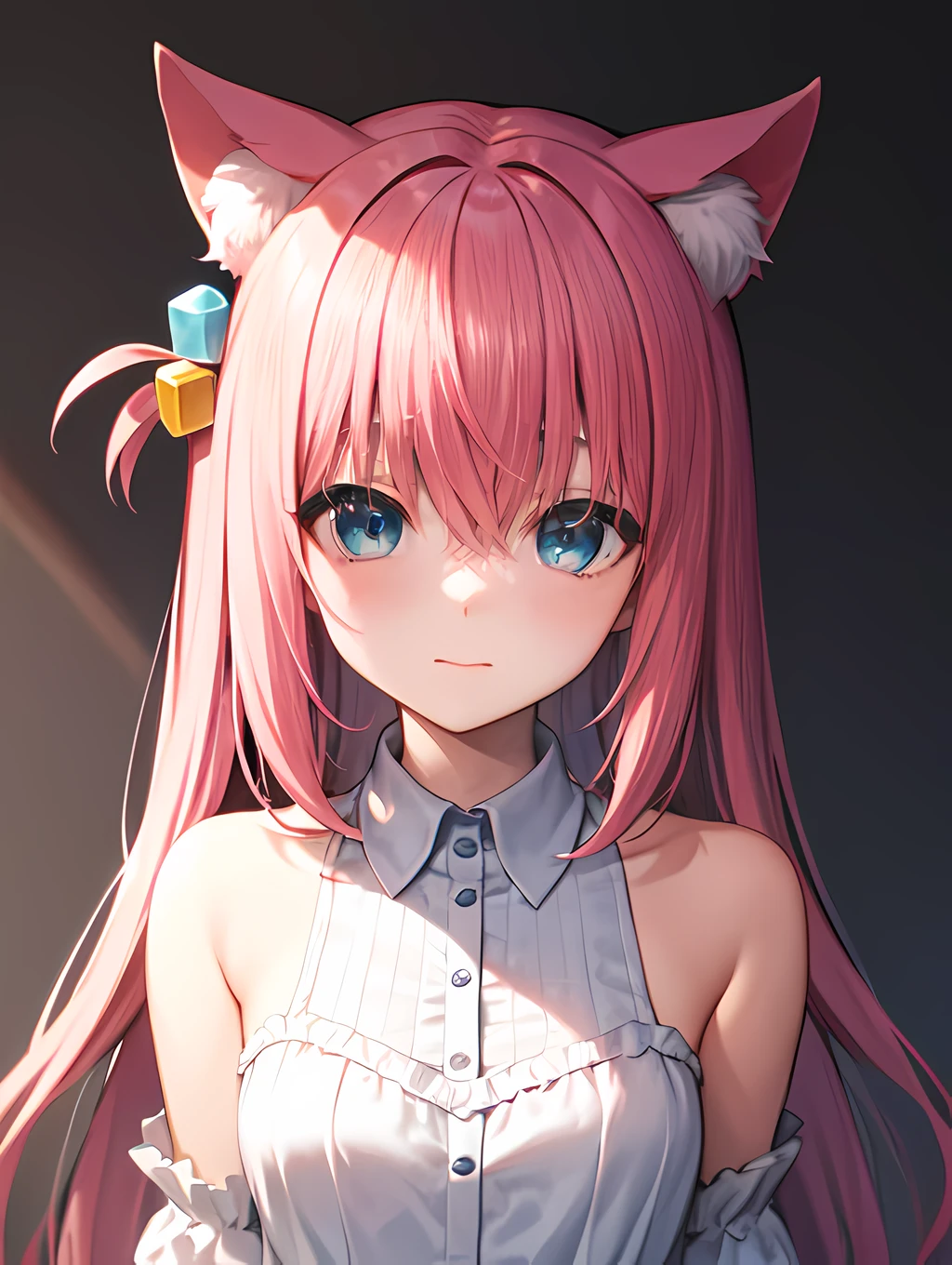 1girl, animal_ear_fluff, animal_ears, bangs, bare_shoulders, black_hair, blush, breasts, cat_ears, closed_mouth, eyebrows_visible_through_hair, green_eyes, grey_background, hair_between_eyes, karyl_(princess_connect!), long_hair, looking_at_viewer, medium_breasts, multicolored_hair, pajamas, sleepwear, simple_background, solo, upper_body, white_background, white_shirt, Masterpiece, best quality, high resolution, hitori gotou, blue eyes, cube hair ornament, hair between eyes, hair ornament, pink hair, one side up, long hair, ,