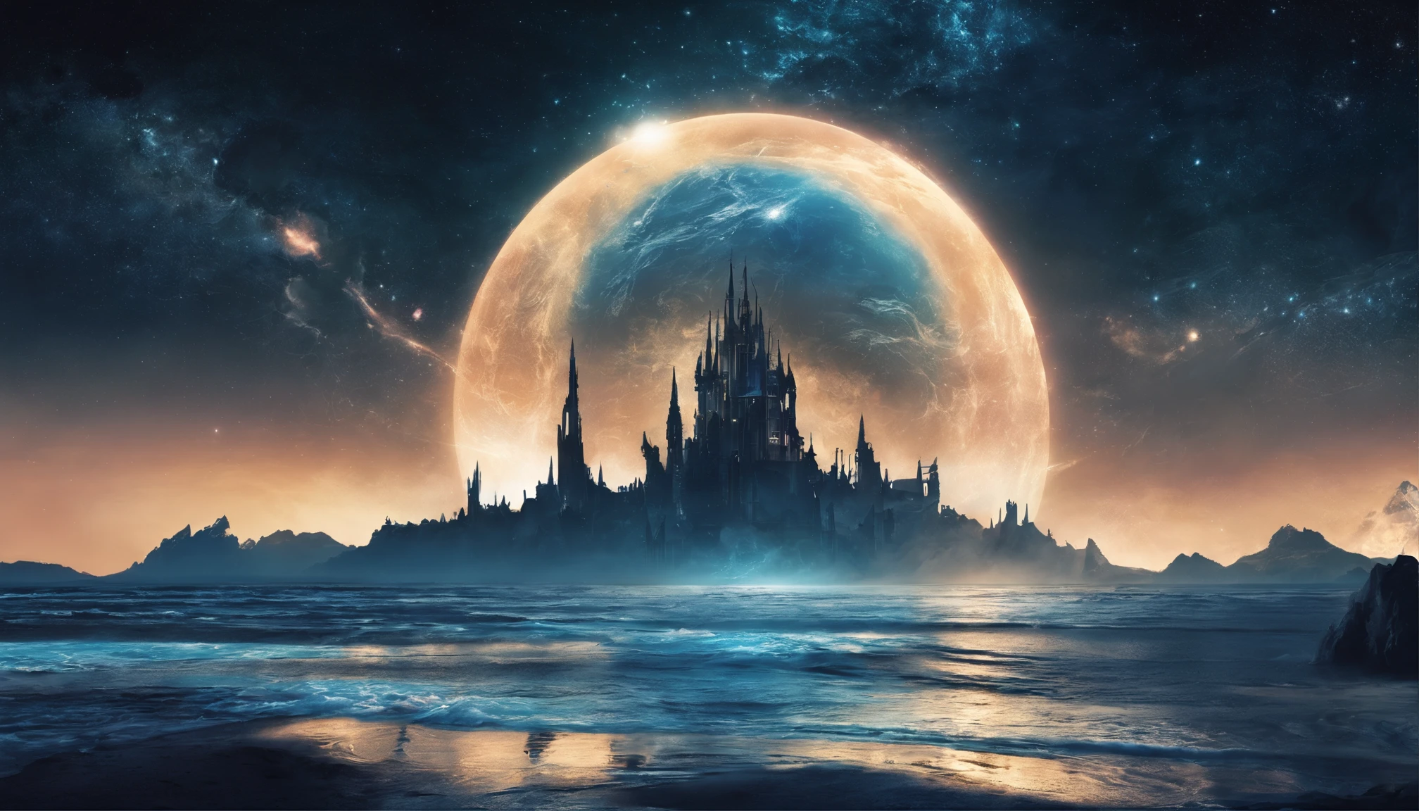 huge planet, the night, starrysky, surrealism, masutepiece, hight resolution、Impressive Milky Way:1.9、sand beach、Vast blue ocean、Blue Waves、Blue glacier、lightning bolt:1.9、Protoplanets、pure beauty