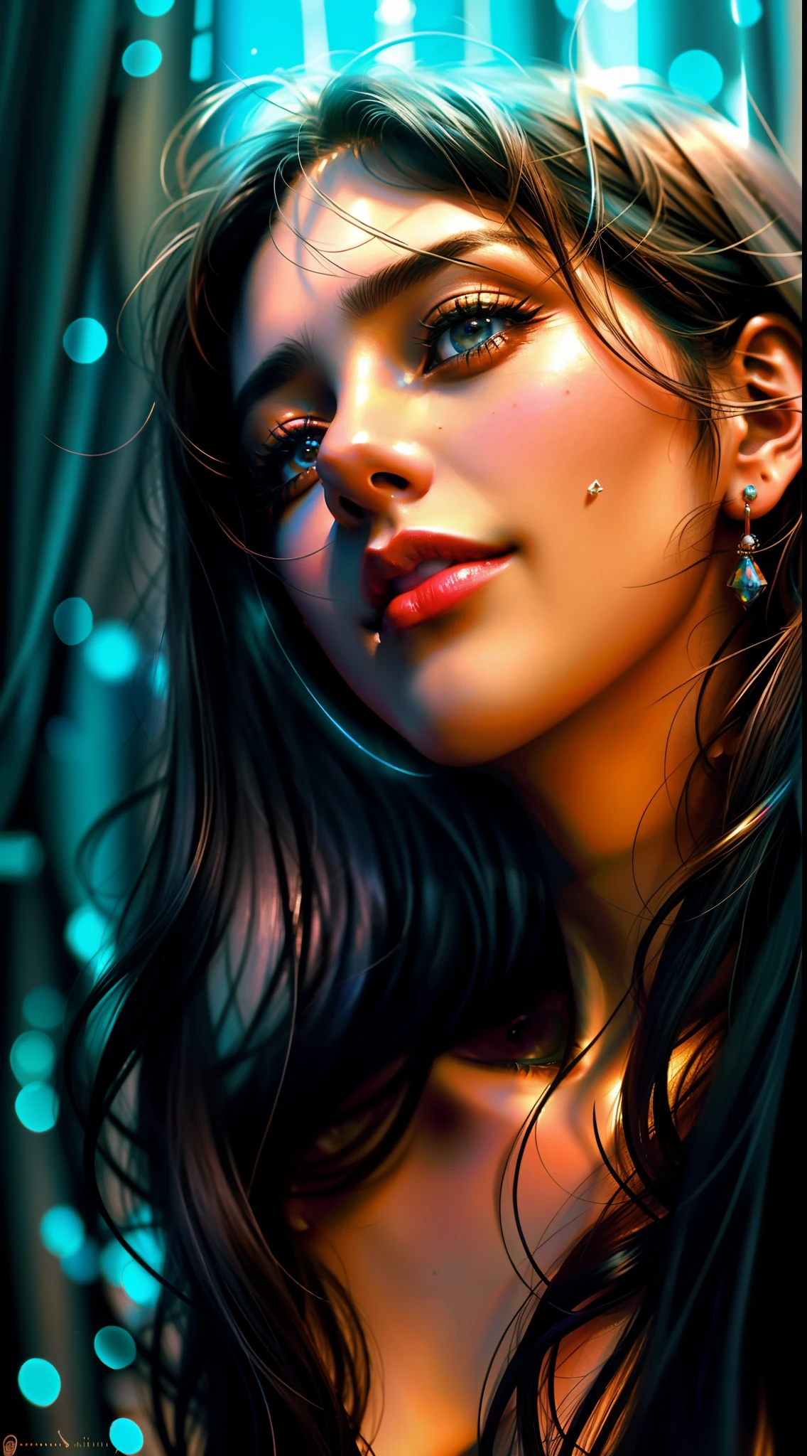 um close up de uma jovem com cabelo comprido olhando para cima, pintura digital ultra realista, arte digital ultrarrealista, Por Irakli Nadar, arte digital muito realista, Amazing photorealistic graphics, belas imagens fotorrealistas, arte digital ultra realista, pintura digital hiper-realista, pintura digital fotorrealista, arte digital altamente realista, pintura digital hiper realista