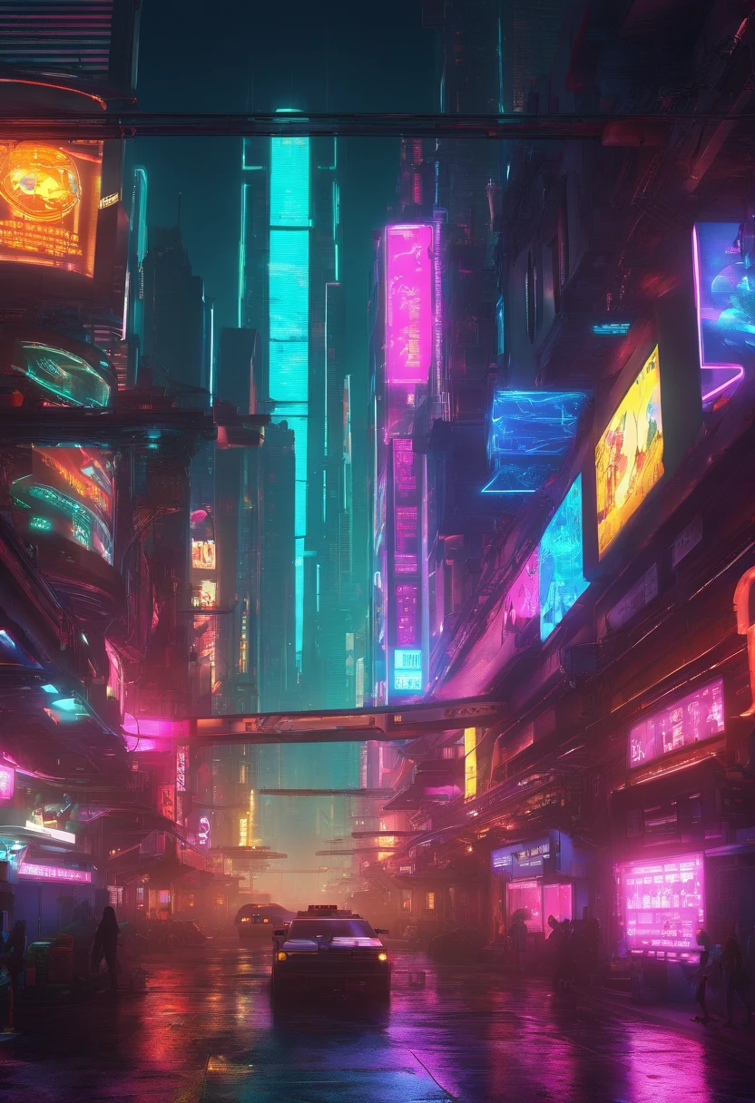 Guvez style cyber-future city, high-quality CG, multiple characters, complex scenes, full of competitive atmosphere, emphasizing futurism and technology, full of color, rich details, tough lines, and desperate expressions of characters