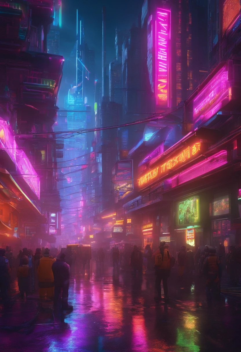 Guvez style cyber-future city, high-quality CG, multiple characters, complex scenes, full of competitive atmosphere, emphasizing futurism and technology, full of color, rich details, tough lines, and desperate expressions of characters