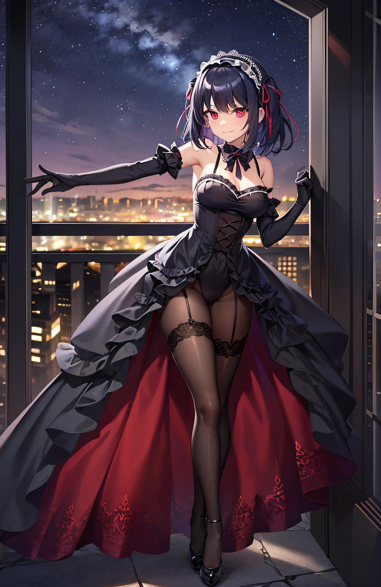 girl,beautiful face, medium hair, best quality, ta hairband, {{{gothic loli}, mind control, affectionate, mature female, messy hair, {{{dark blue hair}}},medium breasts, red eyes, {{{black clothes}}}, lace-trimmed gloves, lace-trimmed dress, gothic, the pose, clenched hands, detailed eyes, full body, {{{elbow gloves}}}, {{leg ribbon}}, masterpiece,giggling, standing, evening, night, smirk, leg ribbon, leg ribbon, short dress, glowing eyes, balcony, victorian, thighs, legs, mansion, pantyhose, sleeveless, night sky, see-through gloves, collared dress, evil eyes, lace-trimmed legwear, leotard