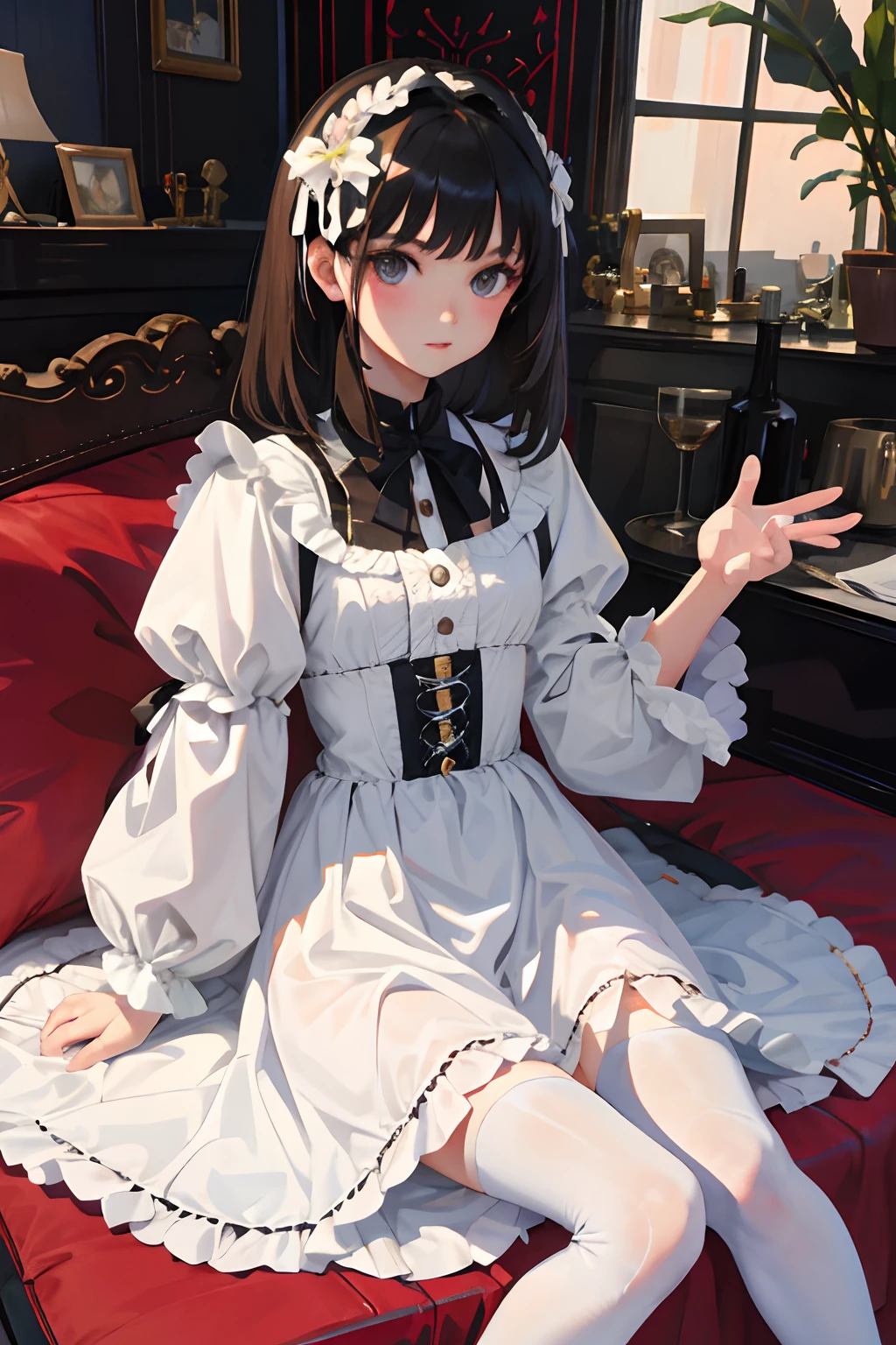 Anime girl sitting on a red bed with a cell phone - SeaArt AI