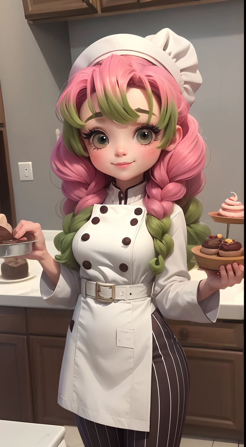Create a series of cute chibi style afro dolls with a cute pastry chef theme, each with lots of detail and in an 8K resolution. All dolls should follow the same solid background pattern and be complete in the image, mostrando o (corpo inteiro, incluindo as pernas: 1.5)
Boneca Mini Chef: Chame-a de Marina. Ela deve ter cabelo pequeno em tom preto marrom. Seus olhos devem ser grandes e expressivos, with long eyelashes and rosy cheeks. Sorriso delicado e branco. Sophie deve estar vestida com uma jaqueta de chef, striped pants and an ornate chef's hat. She must hold a chocolate brigadier in her hands. Certifique-se de adicionar detalhes nas roupas, such as buttons and pockets, sapato bonito
Certifique-se de adicionar sombras, texturas e detalhes nos cabelos, roupas, confectionery utensils, to make them even more adorable and charming.