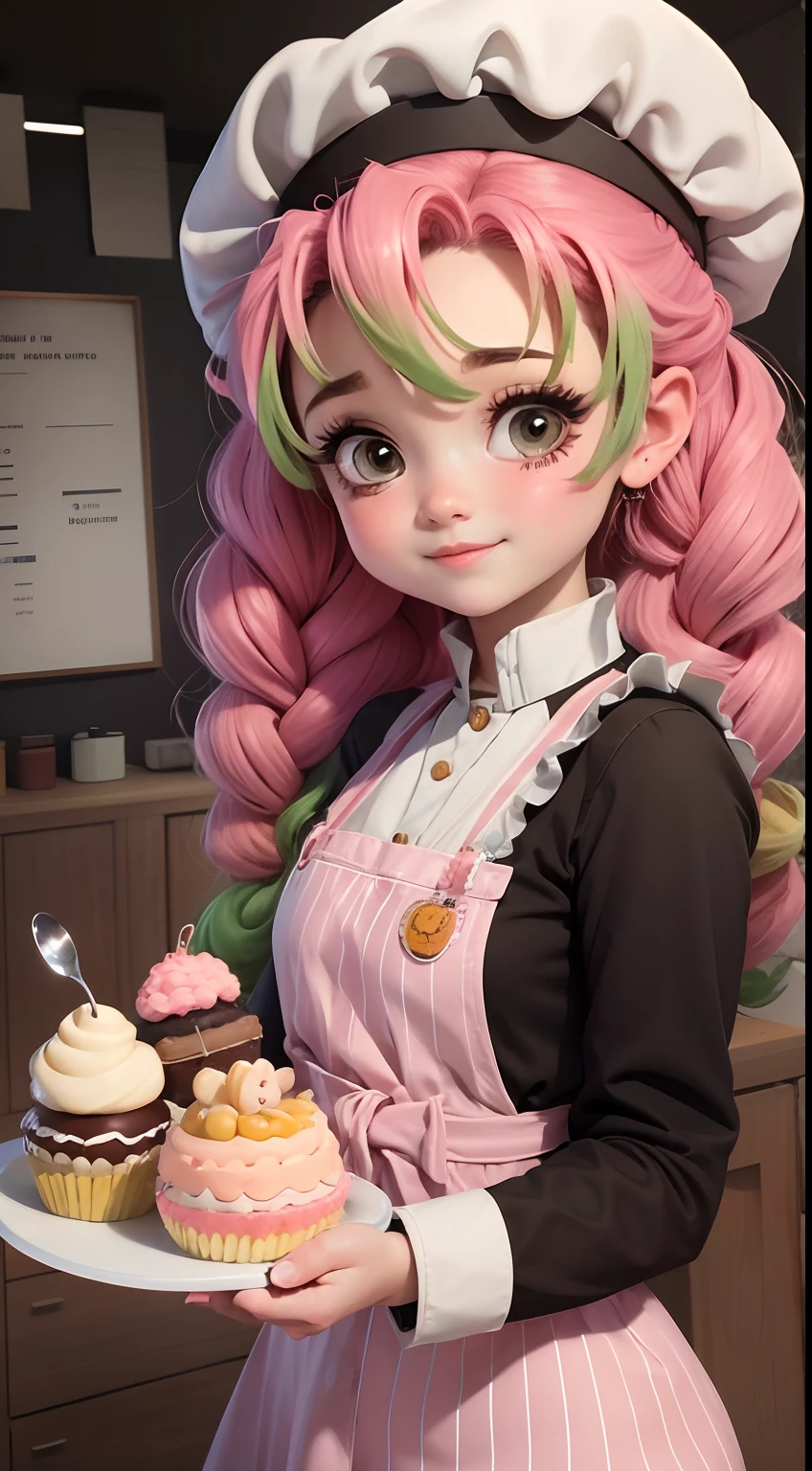 Create a series of cute baby chibi style afro dolls with a cute pastry chef theme, each with lots of detail and in an 8K resolution. All dolls should follow the same solid background pattern and be complete in the image, mostrando o (corpo inteiro, incluindo as pernas: 1.5)

Boneca Mini Chef: Chame-a de Marina. Ela deve ter cabelo pequeno em tom preto marrom. Seus olhos devem ser grandes e expressivos, with long eyelashes and rosy cheeks. Sorriso delicado e branco. Sophie deve estar vestida com uma jaqueta de chef, striped pants and an ornate chef's hat. She must hold a chocolate brigadier in her hands. Certifique-se de adicionar detalhes nas roupas, such as buttons and pockets, sapato bonito

Certifique-se de adicionar sombras, texturas e detalhes nos cabelos, roupas, confectionery utensils, to make them even more adorable and charming.