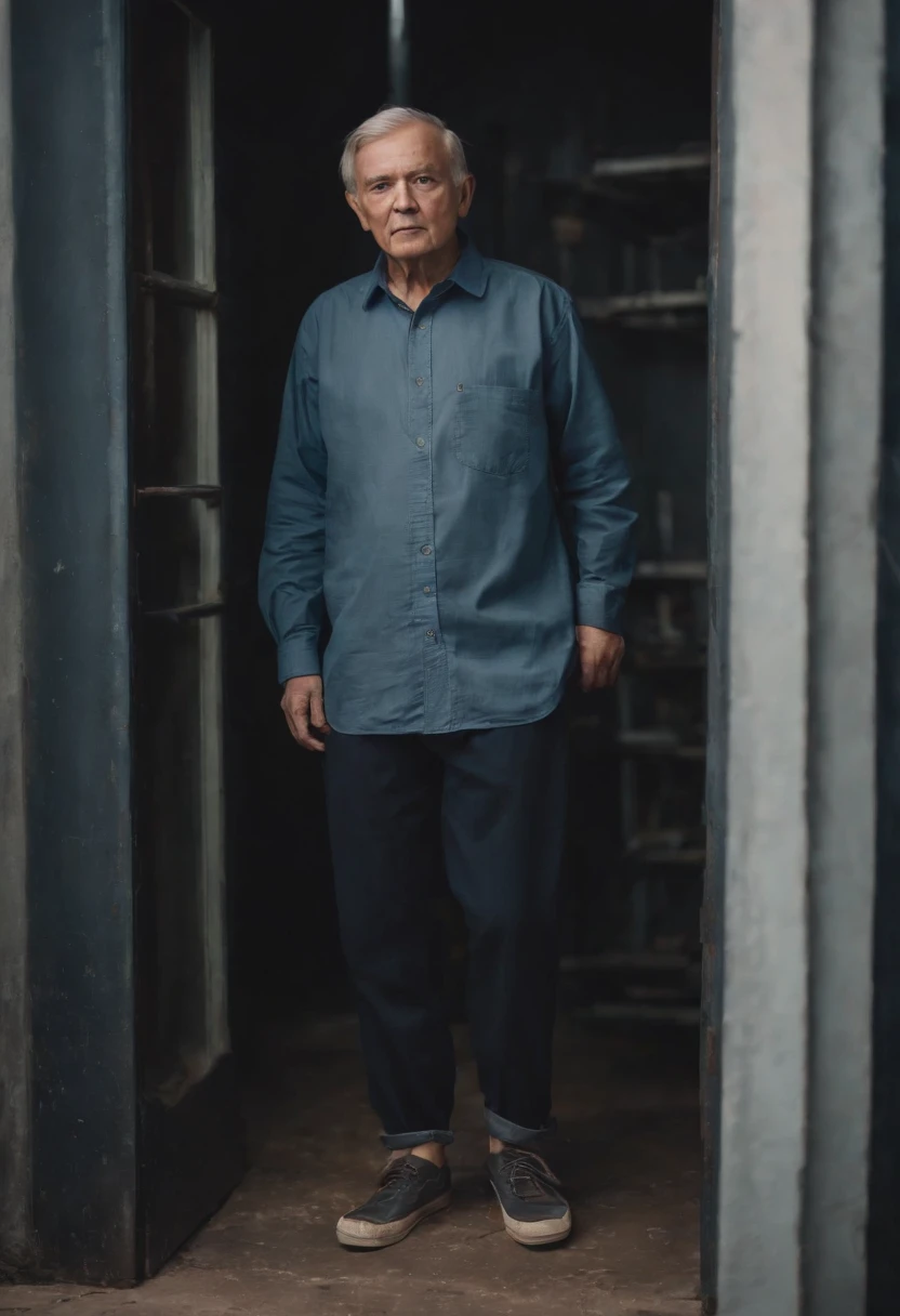 Ren,Wearing an old man's shirt,Cloth shoes,Stand at the door of the electronics factory,dark stormy clouds