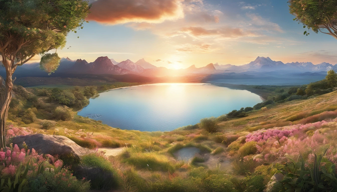 lake, the beach, grass field, Wildflowers, A desert, Snowy mountains in the distance, sea of clouds, Big stretching clouds, Sunset, Light penetrating clouds to the ground, Wide-angle lens shooting