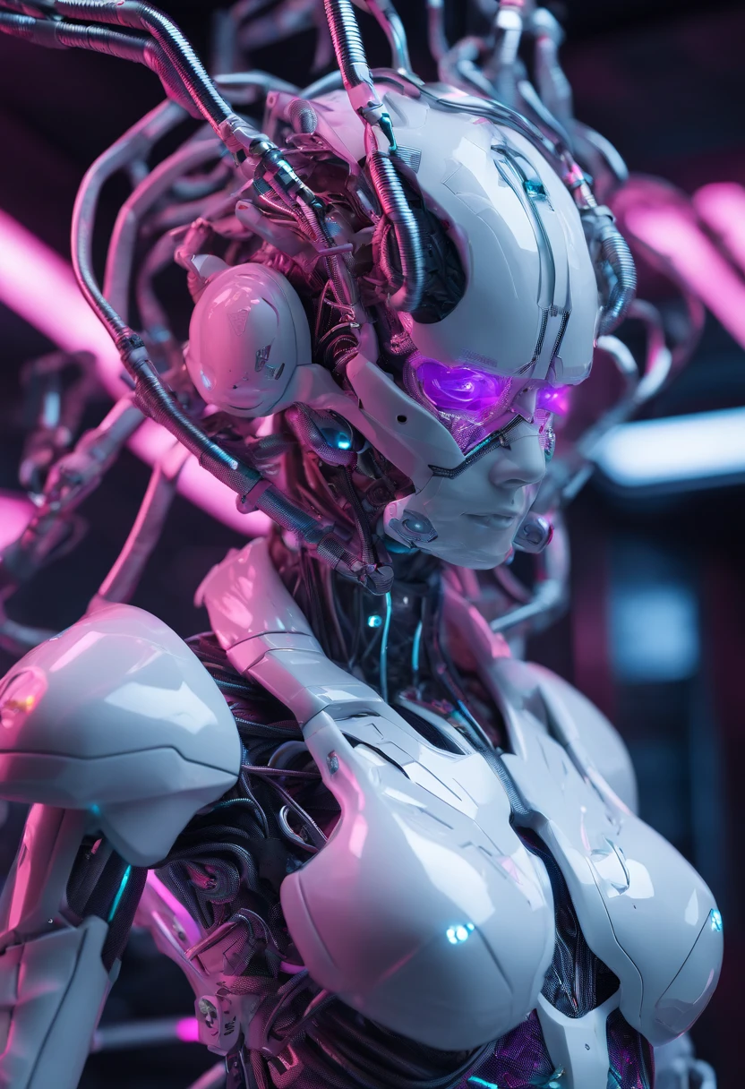 Hyper realistic photo, White female robot Goddess Gaia (((attached ti a electronic tree of life))), (((pink neon highlights))), Electronic Systems On-Head Humanoids, Detailed Brain in Sight, Detailed connection wire, mechanical limbs, tubes connected to the mechanical parts, mechanical vertebrae attached to the spine, mechanical cervical attachment to the neck, wires and cables connecting to the head, (((Led on a surgical Bed))), (((Cables Connecting to Monitors))) | Biopunk | Cybernetics | Cyberpunk | Purple Neon | Canon M50| 100mm| Sharp Focus | Hyperrealism | Very detailed| Intricate Details | Full Body View, small glowing LED lamps, Bright Blue Highlights, global lighting, deep shadows, Octane Rendering, 8K, Ultra Sharp, Metal, Intricate Ornament Details, baroque details, Very intricate details, realistic light, CGSoation trend, facing the camera, neon details, (android manufactory in background)