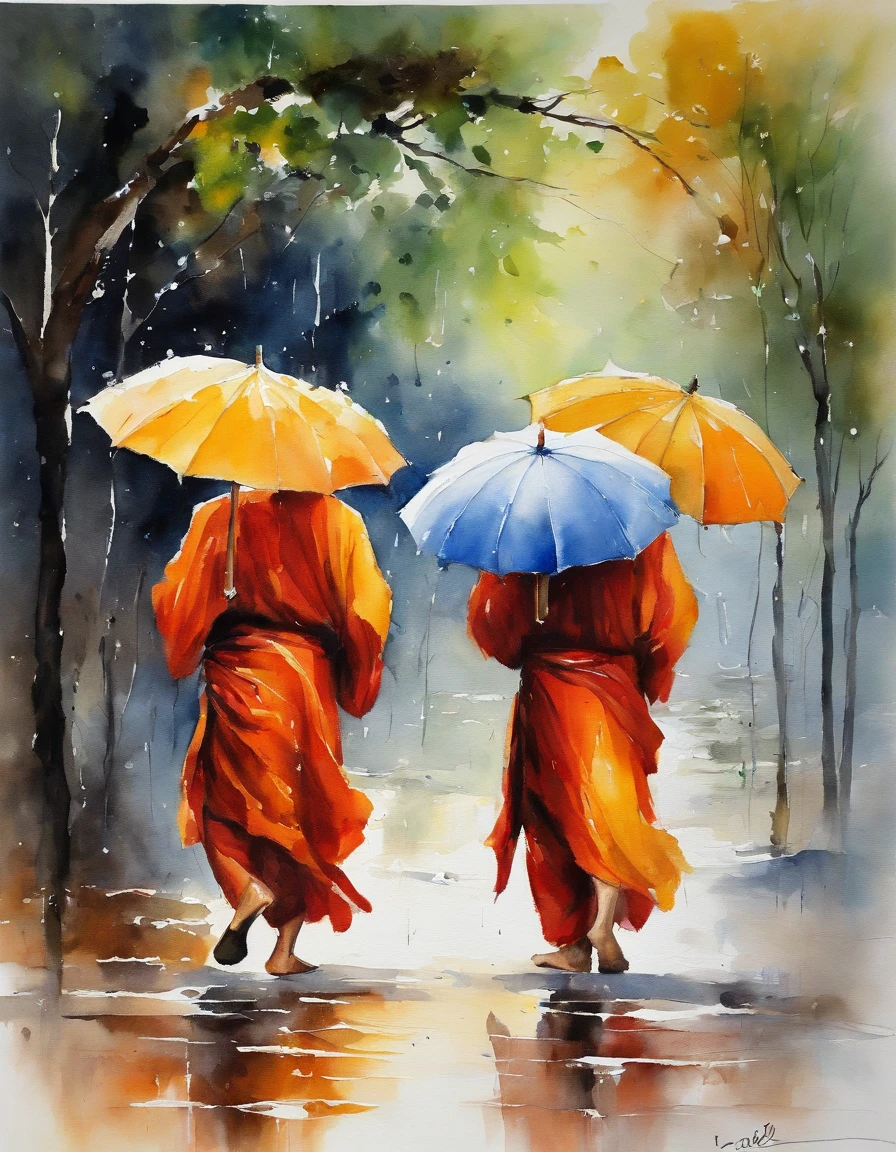 3 monks, each wearing an umbrella, went back, RAINING SEASON,  white background masterpiece  oil painting, impasto painting.