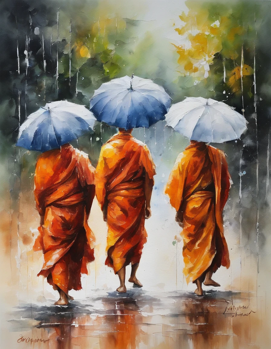 3 monks, each wearing an umbrella, went back, RAINING SEASON,  white background masterpiece  oil painting, impasto painting.