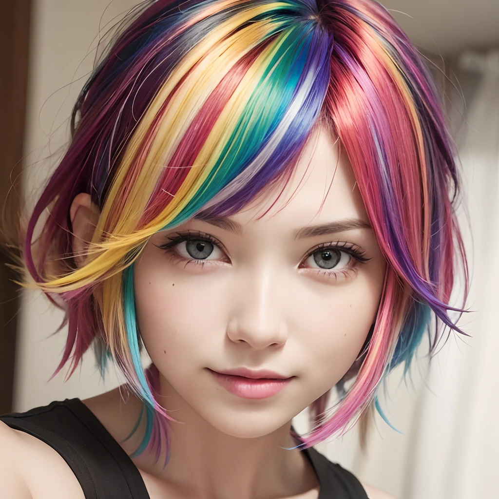 rainbow highlights, woman, front facing, facing forward, lookong at viewer, bright colors, vivid colors, bright hair, vivid hair, blushing, shy smile, fun medium  messy  shag haircut, rainbow hair