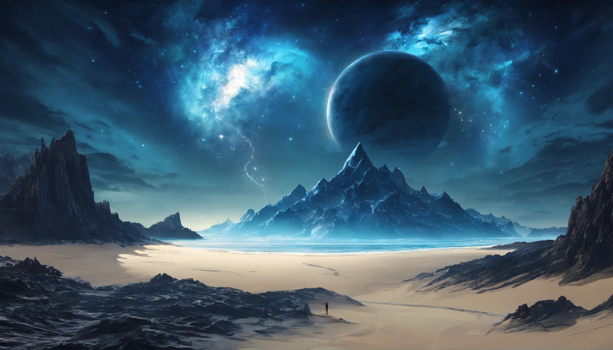 huge planet, the night, starrysky, surrealism, masutepiece, hight resolution、Impressive Milky Way:1.9、sand beach、Vast blue ocean、Blue Waves、Blue glacier、lightning bolt:1.9、Protoplanets、pure beauty