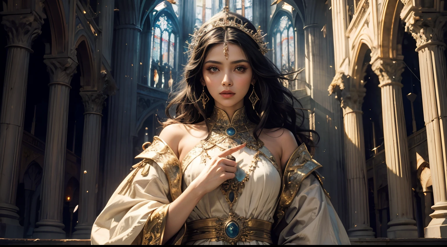 Very beautiful woman with Moroccan caftan covers her entire body，Seems stern and ruthless, Starrysky，Aile，mythe, Solemn atmosphere, Description of the Ultrra precise pointer, photoreallistic, super detail, Masterpiece, Best quality, A high resolution, 8k，CHURCHES，Huge cross，Symboles mystiques