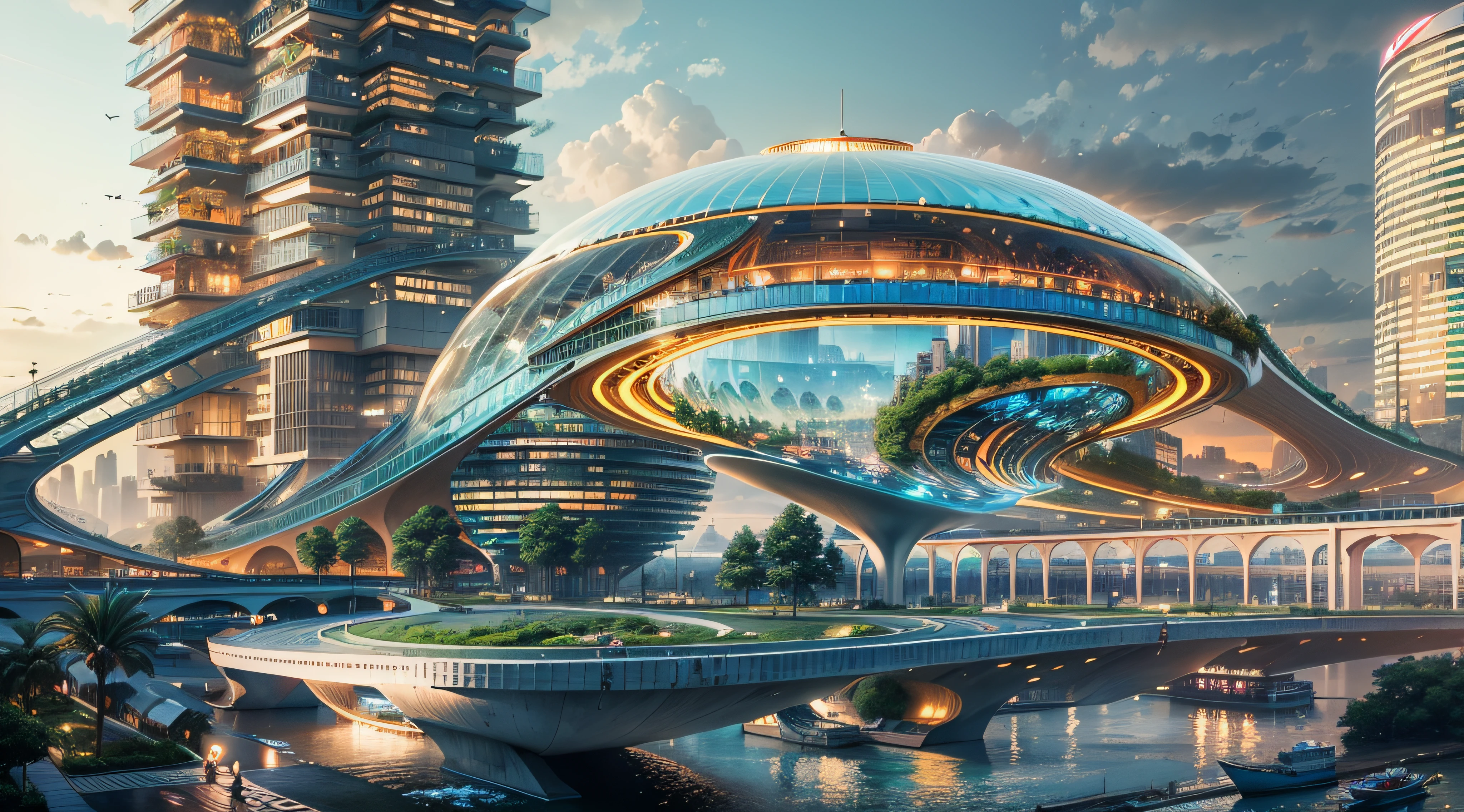 (Best quality,4K,8K,A high resolution,Masterpiece:1.2),Ultra-detailed,(Realistic,Photorealistic,photo-realistic:1.37),Futuristic floating city,Futuristic technology,Huge urban high-tech tablet platform,Airship,Floating in the sky,Futuristic city,Small airships around,High-tech hemispherical platform,Colorful lights,Advanced architecture,modernn architecture,skyscrapper,Access the cloud,Scenic beauty,view over city,Impressive design,Blend seamlessly with nature,energetic and vibrant atmosphere,Futuristic transportation system,Parking is suspended,Transparent path,Lush greenery,Sky gardens,cascading waterfalls,Magnificent skyline,reflections on the water,Sparkling river,Architectural innovation,futuristic skyscrapers,Transparent dome,The shape of the building is unusual,Elevated walkway,Impressive skyline,Glowing lights,Futuristic technology,Minimalist design,Scenic spots,Panoramic view,Cloud Piercing Tower,Vibrant colors,epic sunrise,epic sunset,Dazzling light display,magical ambiance,The future city,Urban Utopia,LuxuryLifestyle,Innovative energy,sustainable development,Smart city technology,Advanced infrastructure,Tranquil atmosphere,Nature and technology live in harmony,Awesome cityscape,Unprecedented urban planning,Architecture connects seamlessly with nature,High-tech metropolis,A cutting-edge engineering marvel,The future of urban living,Visionary architectural concept,Energy-efficient buildings,Harmony with the environment,A city floating above the clouds,Utopian dreams become reality,The possibilities are endless,State-of-the-art transportation network,Green energy integration,Innovative materials,Impressive holographic display,Advanced communication system,Breathtaking aerial view,Quiet and peaceful environment,Modernist aesthetics,Ethereal beauty