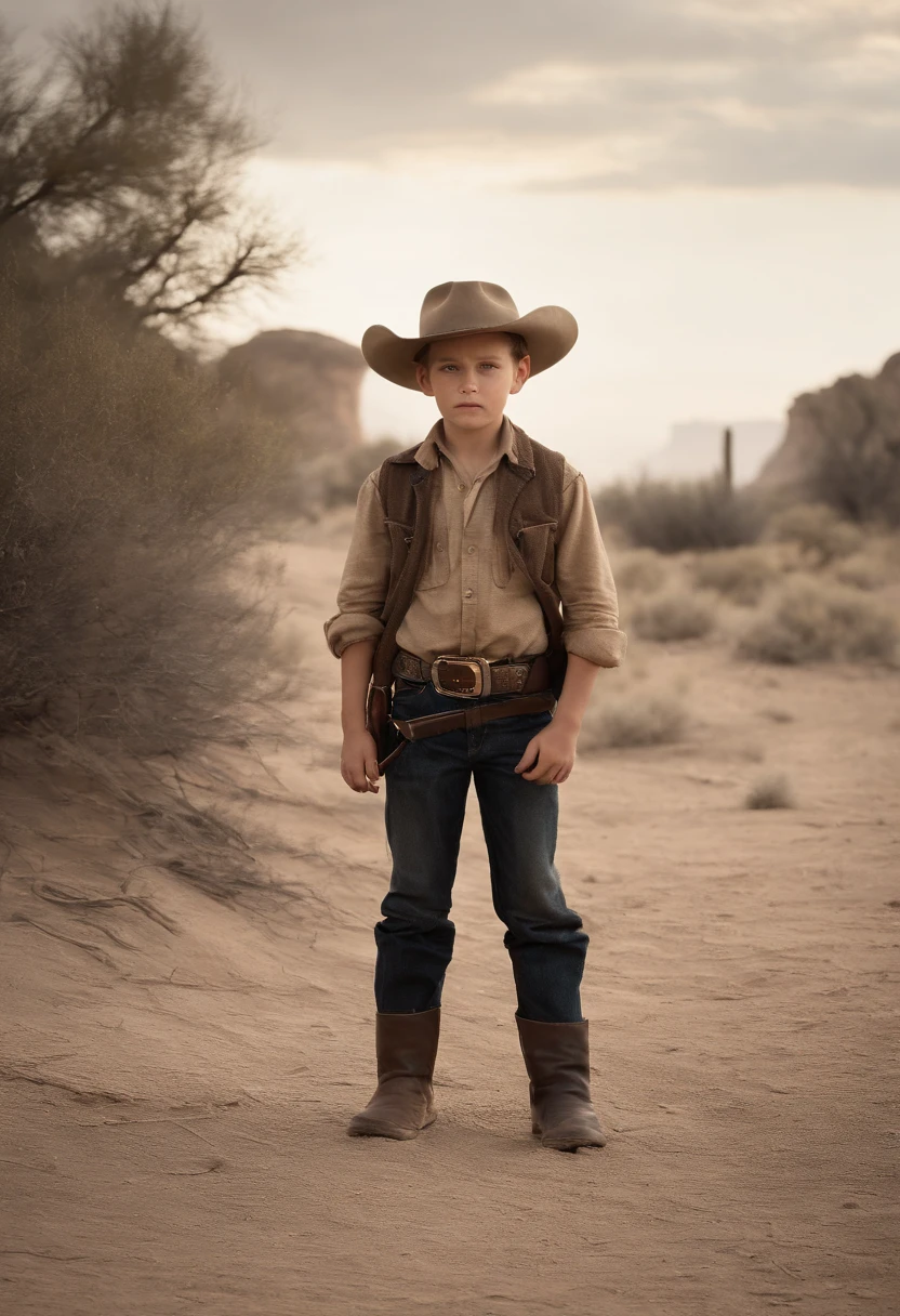 Visualize The ???, a young and spirited character, standing alone in a desolate landscape. He is an intriguing blend of vulnerability and determination, reminiscent of iconic heroes from various visual media.
The ??? is of average height, with a slightly hunched posture that emphasizes his physical handicap. His clothing reflects a humble but endearing style, reminiscent of classic Western heroes. He wears a faded, oversized hat that partially obscures his youthful face, echoing the iconic cowboy hat seen in classic Western films.
His attire consists of a worn, button-up shirt with rolled-up sleeves, a testament to his determination to prove himself. The shirt is cinched by a battered belt adorned with a simple, polished buckle.
The ???'s pants are well-worn denim, faded from years of use, and tucked into scuffed leather boots that have seen their share of adventures.
Despite his physical challenges, his eyes are the most striking feature of his face. They shine with an inner fire, reflecting a deep sense of purpose. His face bears the occasional smudge of dirt, a badge of honor from his endeavors.
In his hand, he clutches a battered but well-maintained six-shooter, a symbol of his aspiration to become a hero. The gun, like the ones wielded by legendary gunslingers in classic Westerns, embodies his longing for significance.
In this solitary moment amidst the desolate landscape, The Kid stands as a compelling figure of determination and youthful exuberance. His appearance, a blend of vulnerability and resilience, captures the essence of iconic heroes from visual media.