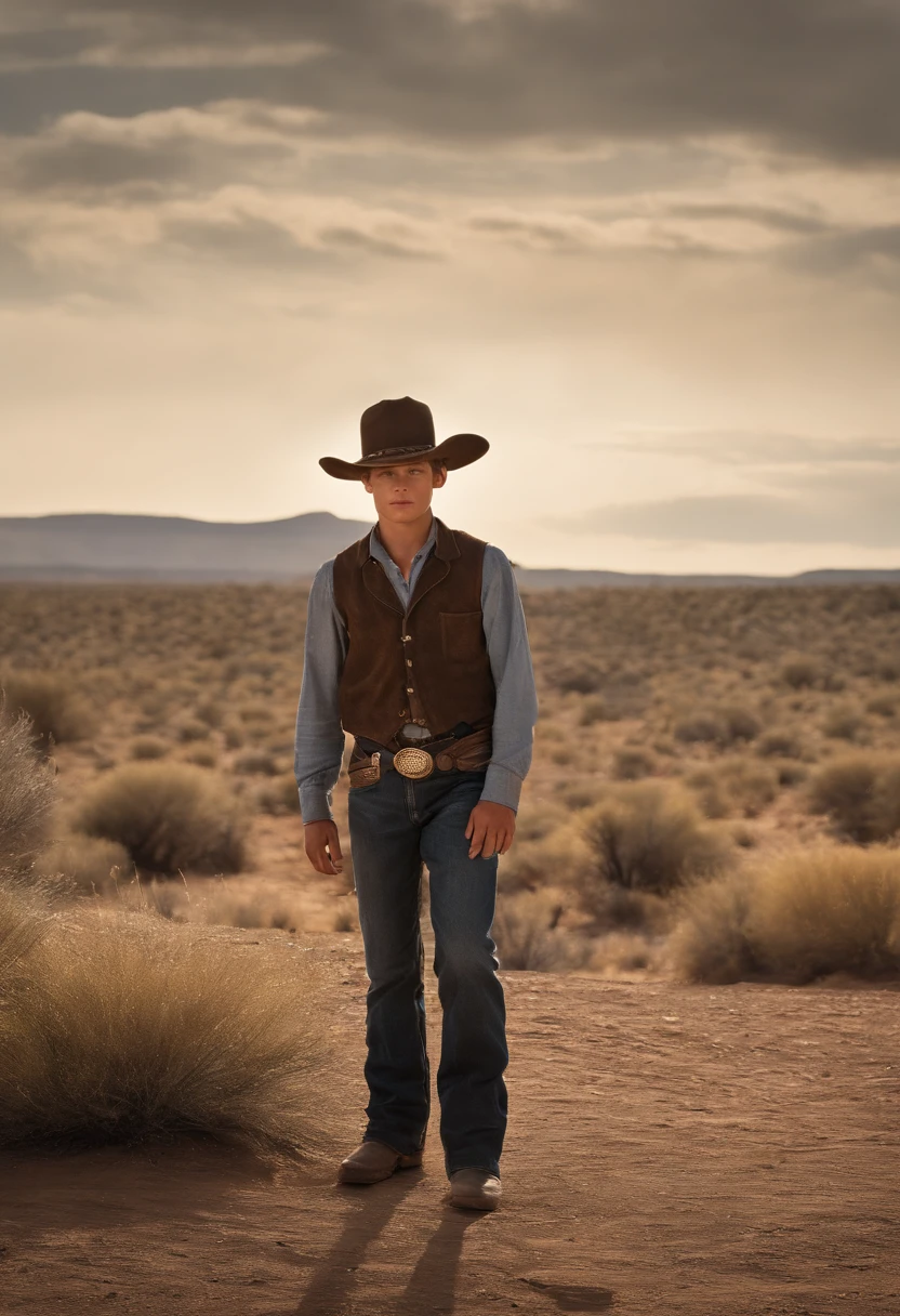 Visualize The Kid, a young and spirited character, standing alone in a desolate landscape. He is an intriguing blend of vulnerability and determination, reminiscent of iconic heroes from various visual media.
The Kid is of average height, with a slightly hunched posture that emphasizes his physical handicap. His clothing reflects a humble but endearing style, reminiscent of classic Western heroes. He wears a faded, oversized hat that partially obscures his youthful face, echoing the iconic cowboy hat seen in classic Western films.
His attire consists of a worn, button-up shirt with rolled-up sleeves, a testament to his determination to prove himself. The shirt is cinched by a battered belt adorned with a simple, polished buckle.
The Kid's pants are well-worn denim, faded from years of use, and tucked into scuffed leather boots that have seen their share of adventures.
Despite his physical challenges, his eyes are the most striking feature of his face. They shine with an inner fire, reflecting a deep sense of purpose. His face bears the occasional smudge of dirt, a badge of honor from his endeavors.
In his hand, he clutches a battered but well-maintained six-shooter, a symbol of his aspiration to become a hero. The gun, like the ones wielded by legendary gunslingers in classic Westerns, embodies his longing for significance.
In this solitary moment amidst the desolate landscape, The Kid stands as a compelling figure of determination and youthful exuberance. His appearance, a blend of vulnerability and resilience, captures the essence of iconic heroes from visual media.
