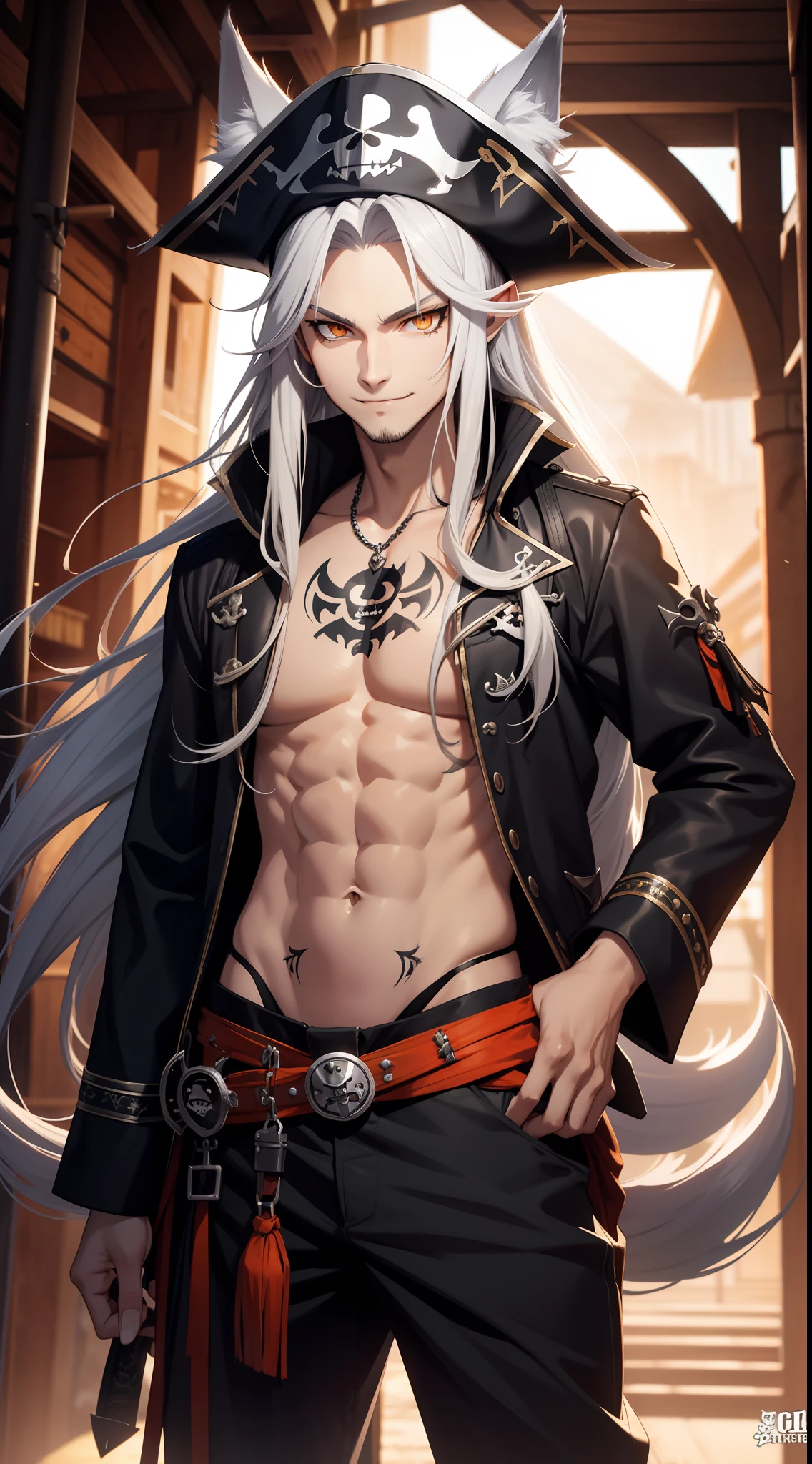 Tall guy, Long silver hair, Orange Eyes, wolf ears, wolf tail, ssmile, fangs, open torso, Tatoo, Pirate Hat, pirate pants, anchor, 4k, HD, Good detail