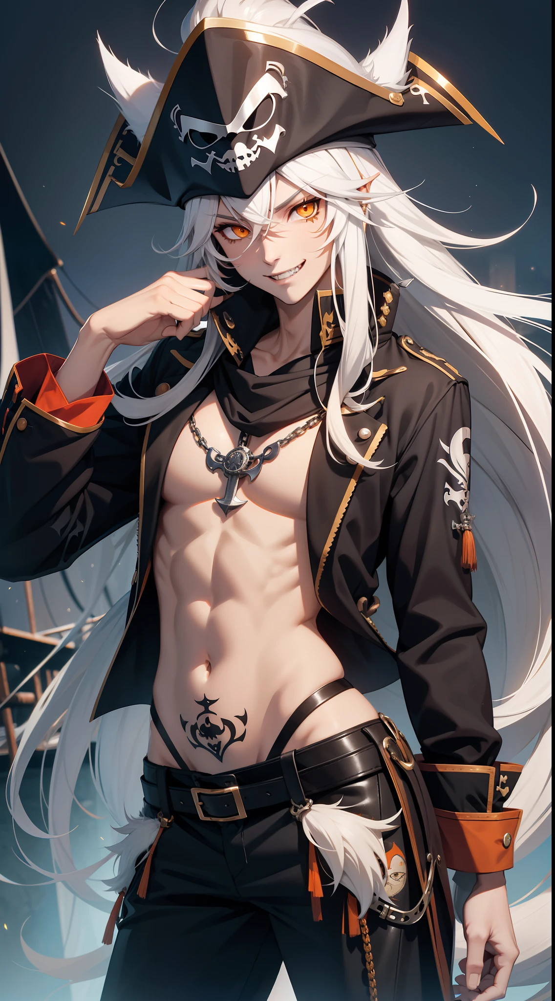 Tall guy, Long silver hair, Orange Eyes, wolf ears, wolf tail, ssmile, fangs, open torso, Tatoo, Pirate Hat, pirate pants, anchor, 4k, HD, Good detail