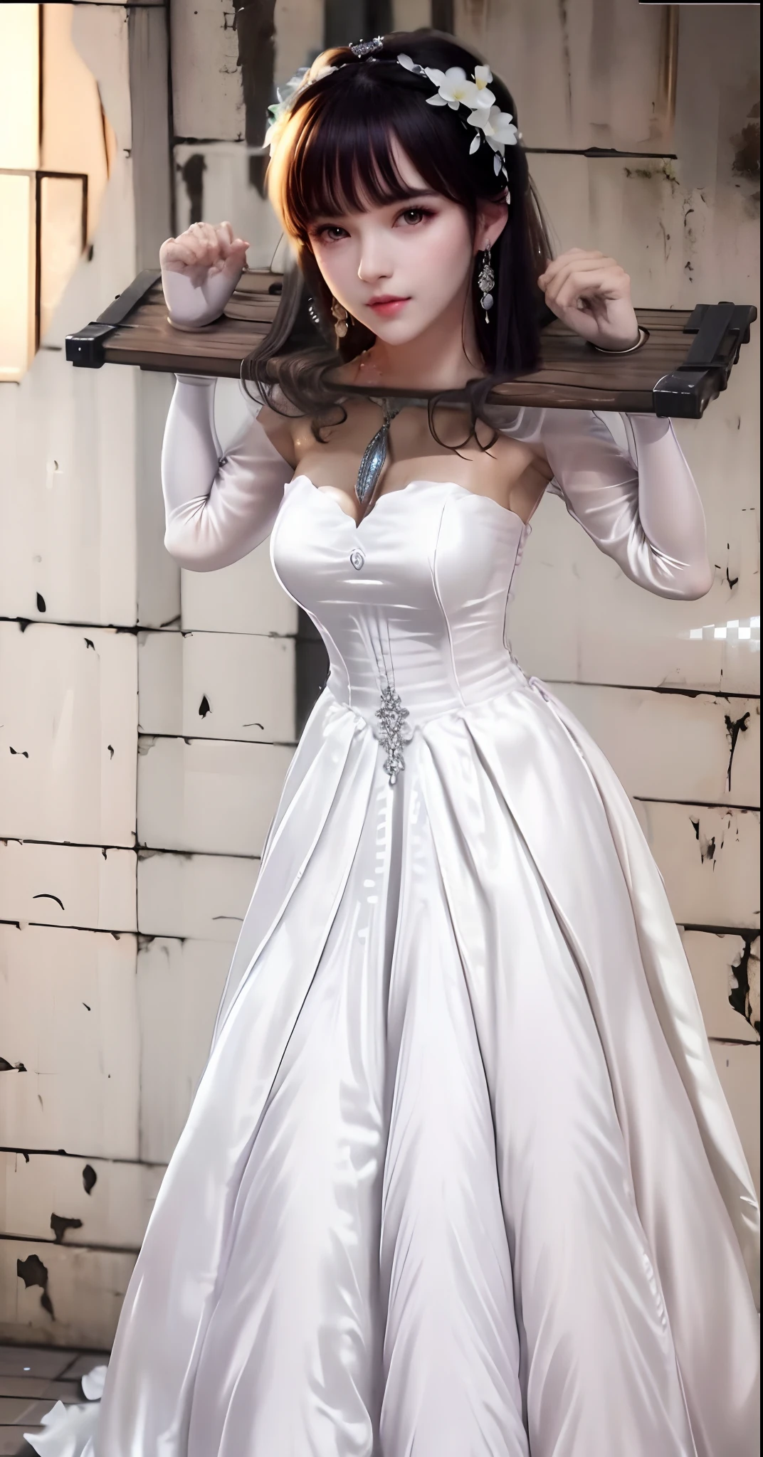 Close-up of a beautiful bride wearing a beautiful wedding dress, Gurwitz,(Pillory:1.5), (flail:1.2), flail on the head, flail on the hands,(bridal veil: 1.5), (transparent short veil: 1.5), flushed face, head flower, tiara, Very detailed princess wedding dress,(tube wedding dress: 1.5), (silk dress: 1.2 ), (strapless wedding dress: 1.5), (floor length skirt:1.2), pure white dress,white long skirt, necklace, earrings, (huge breasts: 1.3), deep V heart-neck wedding dress, bangs, lipstick, (lace gloves: 1.3), high detail RAW Color art,