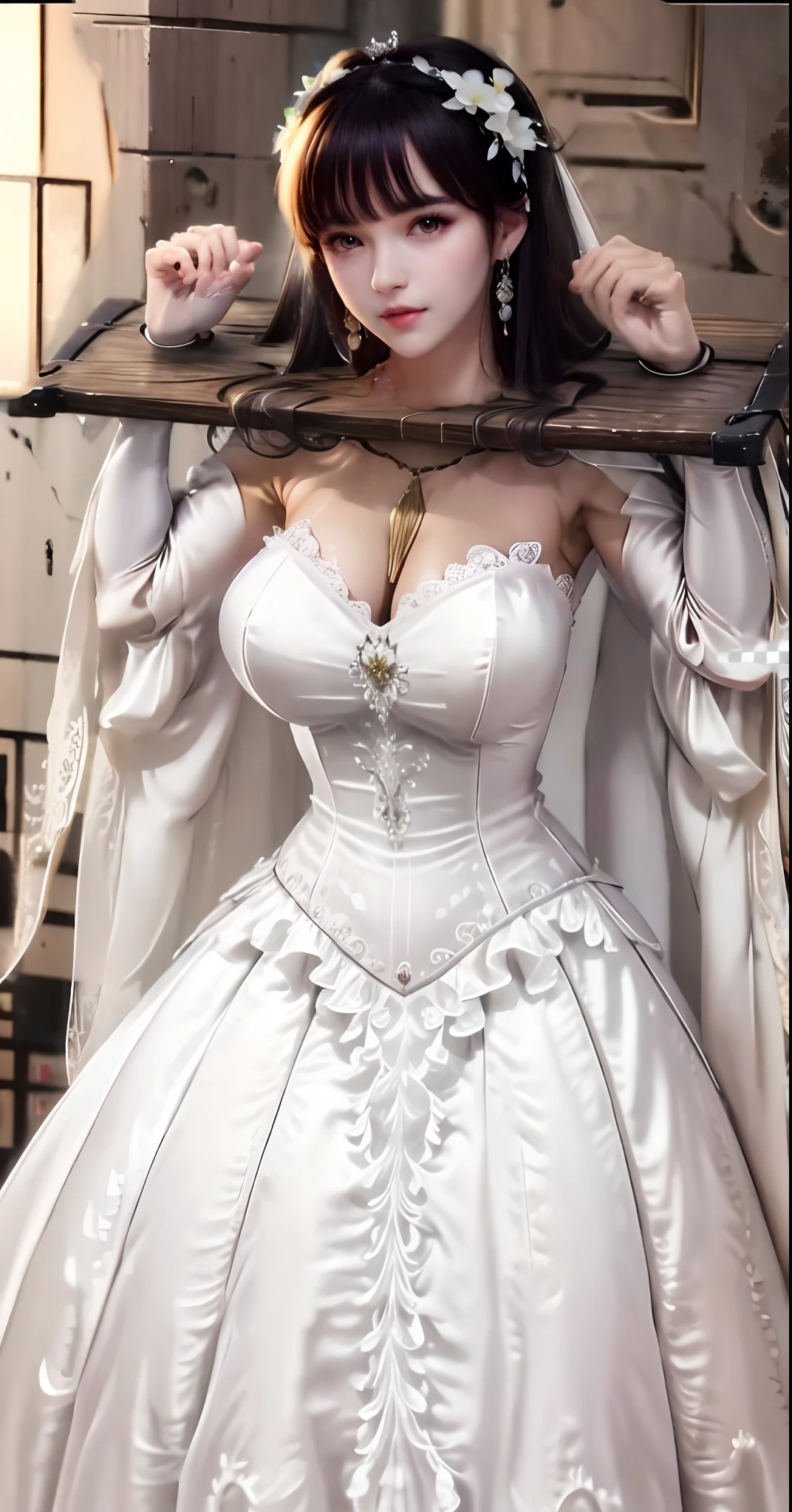 Close-up of a beautiful bride wearing a beautiful wedding dress, Gurwitz,（Pillory：1.5）, （flail：1.2）,  flail on the head, flail on the hands,(bridal veil: 1.5), (transparent short veil: 1.5), flushed face, head flower, tiara, Very detailed princess wedding dress,(tube wedding dress: 1.5), (silk dress: 1.2 ), (strapless wedding dress: 1.5), （floor length skirt：1.2）, pure white dress,white long skirt, necklace, earrings, (huge breasts: 1.3), deep V heart-neck wedding dress, bangs, lipstick, (lace gloves: 1.3),  high detail RAW Color art,