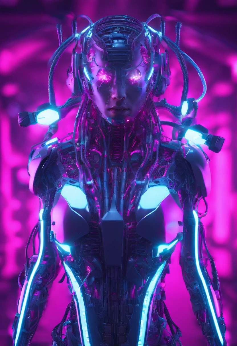 Hyper realistic photo, White female robot Goddess Gaia (((attached ti a electronic tree of life))), (((pink neon highlights))), Electronic Systems On-Head Humanoids, Detailed Brain in Sight, Detailed connection wire, mechanical limbs, tubes connected to the mechanical parts, mechanical vertebrae attached to the spine, mechanical cervical attachment to the neck, wires and cables connecting to the head, (((Led on a surgical Bed))), (((Cables Connecting to Monitors))) | Biopunk | Cybernetics | Cyberpunk | Purple Neon | Canon M50| 100mm| Sharp Focus | Hyperrealism | Very detailed| Intricate Details | Full Body View, small glowing LED lamps, Bright Blue Highlights, global lighting, deep shadows, Octane Rendering, 8K, Ultra Sharp, Metal, Intricate Ornament Details, baroque details, Very intricate details, realistic light, CGSoation trend, facing the camera, neon details, (android manufactory in background)