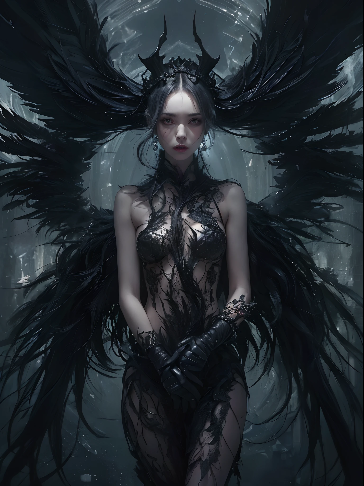 (dark color concept:1.2),a girl like doll with devil wings, archdevil, facing the front, nearly naked, thin body, skinny, small breasts, tiny tits, devil crown, dragon horn, looking down at camera, (no hands),(Highest quality authentic textured skin),(Fine, Round, Symmetrical eyes),Delicate facial features,(Burning bright and cold eyes), very slim and thin body, naked, nude, (She has a mischievous sadness on her face),(Her face is gentle and beautiful),metal earrings on the ears,(dark hair),(silvery hair),(Dramatic photo:1.4),(dramatic pose),(flamboyant photo), downturned eyes, downward glance, A messy painting,(Hair flows in air:1.5),(Vortices and tidal currents in the background),(Dramaticlight),(Magnificent scene),(Surrounded by black feathers),Epic realism,Cinematic feeling,(high-density imaging review:1.5),Ultra detailed,Dramaticlight,(intricately details:1.1), complex background, darkness background, fractal background, ((Thin Waist: 1.5)), (Slender Abs: 1.0), (Focus sharp: 1.5),