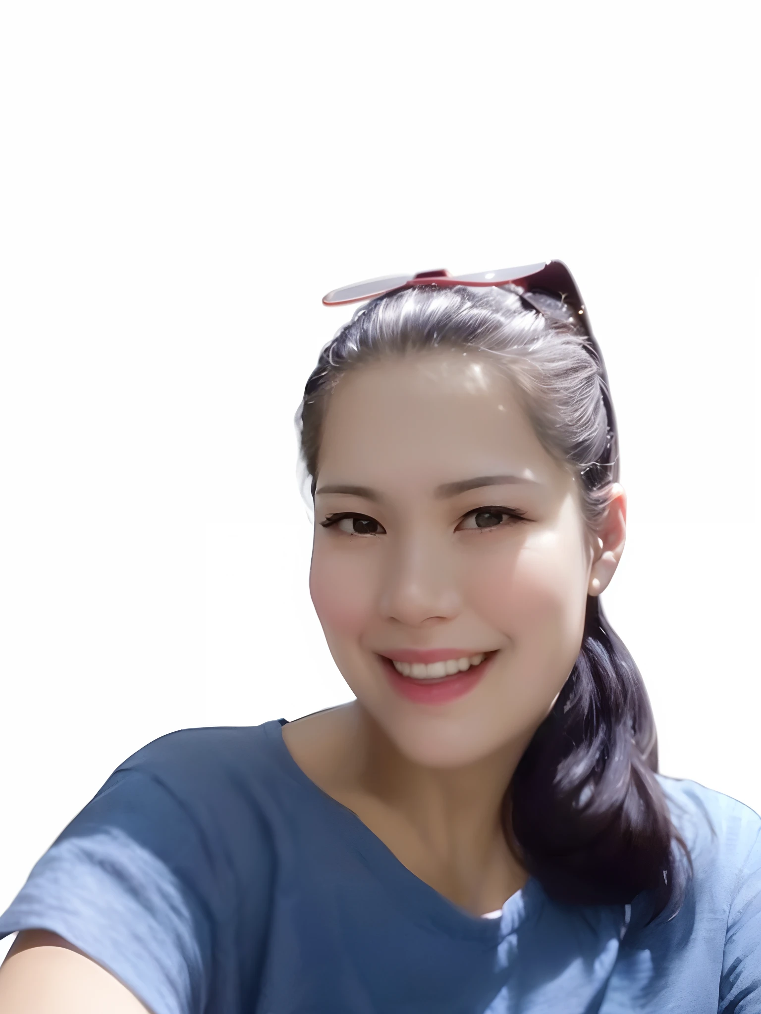 there is a woman with a blue shirt and a pair of sunglasses, cindy avelino, headshot profile picture, south east asian with round face, headshot photo, professional profile picture, on clear background, nivanh chanthara, joy ang, mai anh tran, uploaded, phong shaded, with round face, photo taken in 2 0 2 0