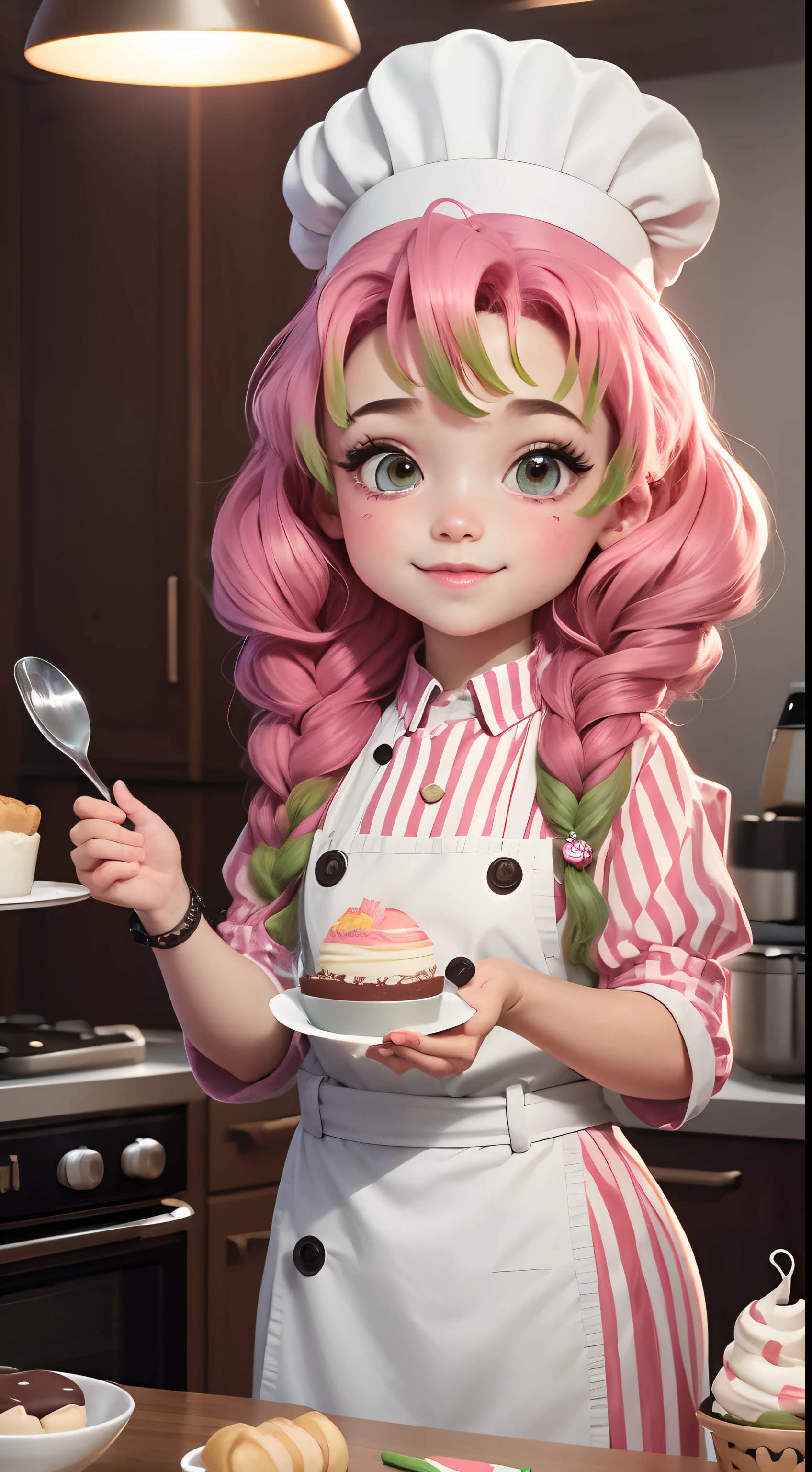 Create a series of cute  chibi style afro dolls with a cute pastry chef theme, each with lots of detail and in an 8K resolution. All dolls should follow the same solid background pattern and be complete in the image, mostrando o (corpo inteiro, incluindo as pernas: 1.5)

Boneca Mini Chef: Chame-a de Marina. Ela deve ter cabelo pequeno em tom preto marrom. Seus olhos devem ser grandes e expressivos, with long eyelashes and rosy cheeks. Sorriso delicado e branco. Sophie deve estar vestida com uma jaqueta de chef, striped pants and an ornate chef's hat. She must hold a chocolate brigadier in her hands. Certifique-se de adicionar detalhes nas roupas, such as buttons and pockets, sapato bonito

Certifique-se de adicionar sombras, texturas e detalhes nos cabelos, roupas, confectionery utensils, to make them even more adorable and charming.