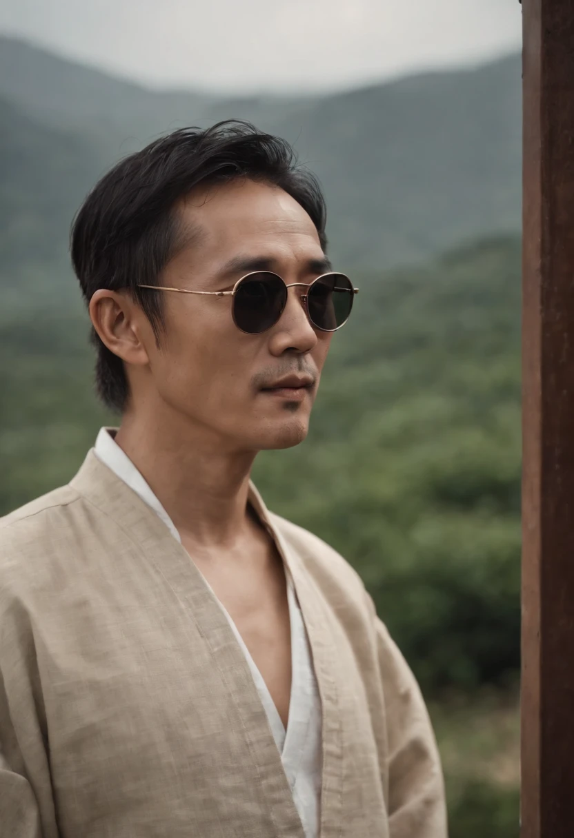 Stephen Chow，With sunglasses，Cotton and linen Tang clothing，Cloth shoes，Stand on the door frame，dark stormy clouds