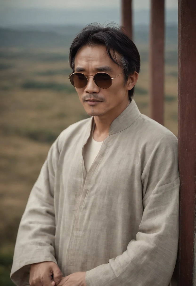 Stephen Chow，With sunglasses，Cotton and linen Tang clothing，Cloth shoes，Stand on the door frame，dark stormy clouds