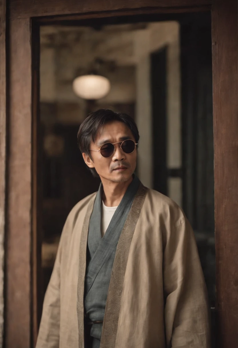 Stephen Chow,With sunglasses,Cotton and linen Tang clothing,Cloth shoes,Stand on the door frame,dark stormy clouds