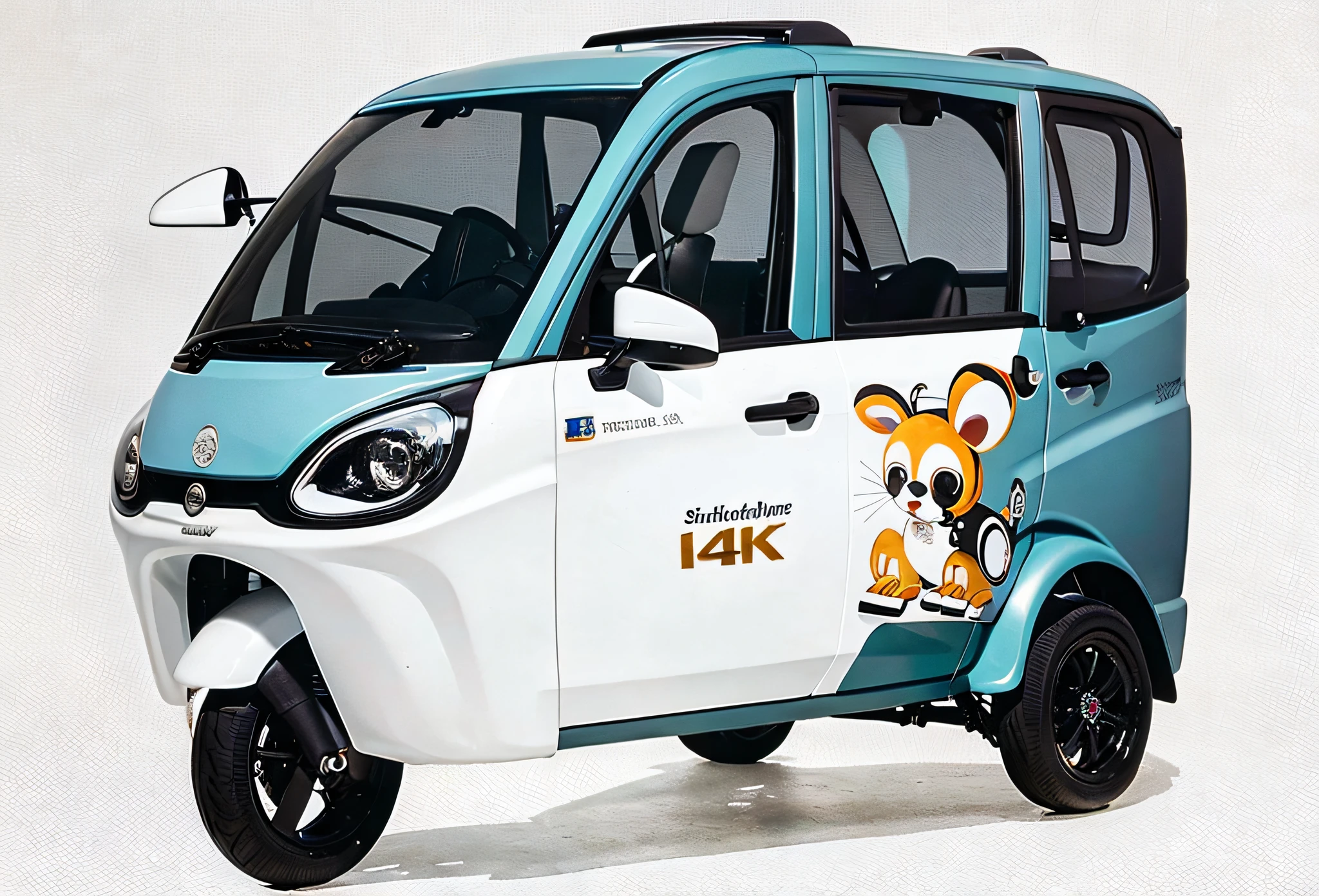 High quality，Ultra detailed，4K，tmasterpiece，The full，Tricycle with stickers，electric car，The headlamps are sharp，Cool，Strong sense of design，metalictexture，