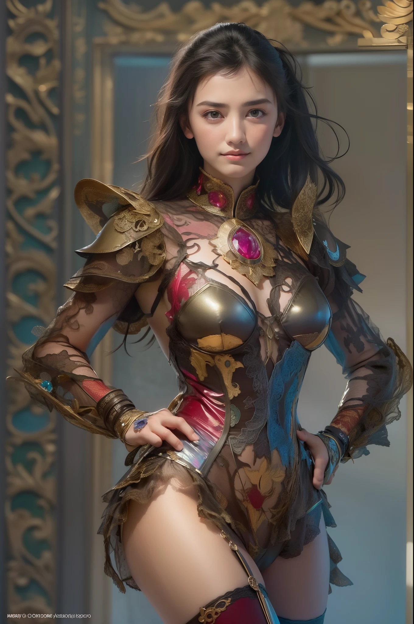 (Detailed iridescent bodysuit with beautiful fractal or marble design:1.5), (Beautiful and d delicate ruby, topaz, emerald and sapphire jewelry:1.6), Complex and colorful biomechanical bodysuit, Zentangle, mandalas, Entangled, Vulgarity, beutiful breast, (Open legs:1.4), obscenity, (Lewd smile:1.2), coarse, Obscene, mean, (raunchy:1.2), (Immoral:1.2), Lachish, (small breasts with beautiful raised areolas:1.5), (Cameltoe), (Expression of ecstasy:1.2), Photorealistic, Official art, Unity 8k wallpapr, 8K Portrait, Best Quality, Very high resolution, (Incredibly beautiful nature background:1.6), One girl, One beautiful teenage italian girl, (18 years old:1.3), (Sexy and glamorous:1.1), (A coquettish expression:1.6), (seductively smiling:1.2), (Full body), (erotic posing:1.5), (Magic Attack Pose:1.6),(magical effects like sparkles or energy:1.6), (Electric shock from hands:1.6), Beautiful seductive face, Portrait, (Thick eyebrows:1.2), (Big purple eyes:1.2), Beautiful eyes with fine symmetry, (Ultra detailed eyes:1.4), (High resolution eyes:1.1), Intimate face, (ultra detailed skin texture:1.4), White skin, pale skin, Perfect Anatomy, Thin, (Beautiful toned body:1.1), Hair Bow, (Moist skin:1.1), full of sweat, No makeup, dark circles, Good anatomy, Focus Face, good-looking, (Emilia Clark:0.6) (Emma watson:0.3),(Jennifer Connelly:0.4), (sensual face:1.5), Elegant face, Nice, Dolce, Cyberpunk Sci-Fi, (Gauntlets with intricate and beautiful designs:1.2), Blurred background, Blurred foreground, depth of fields, (Motion Blur:1.1), (Small breasts:1.2), Sheer breast, (beautiful boob:1.2), (NSFW:1.2), large hips, drivel, Juice stain, grabbing on breasts, (Slim and toned body:1.5), (Low-cut punk medieval armor:1.2), (Bright chrome gold lingerie with sharp reflections:1.2) (Pedras preciosas:1.2), full of sweat, Wetty