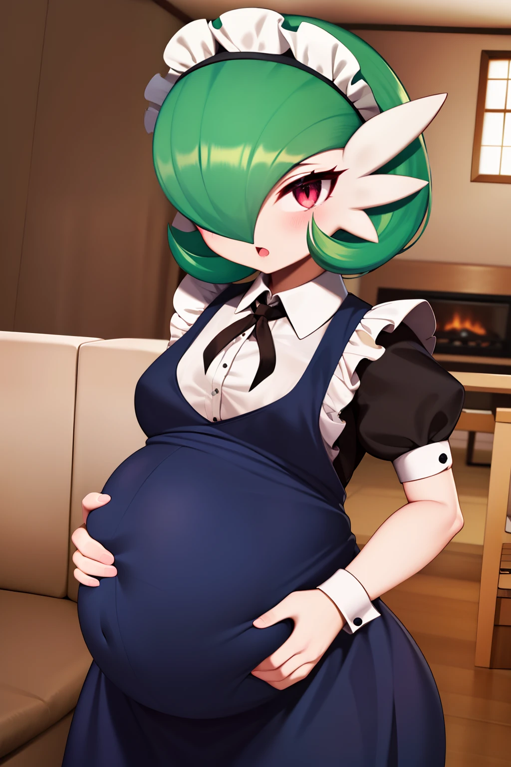 obra maestra, best_quality, 1girl, solo, gardevoir, pokemon \(criatura\), cabello verde, ojos rojos, vestido de sirvienta, maid uniform, mansion, rubor, mirada tranquila, embarazada, vientre de embarazo, ((abrazando su vientre de embarazo)), abraza su vientre, senos medianos, pechos medianos, ropa negra, falda larga, falda negra, (((maid uniform))), sentada en el suelo, suspirando, livingroom.