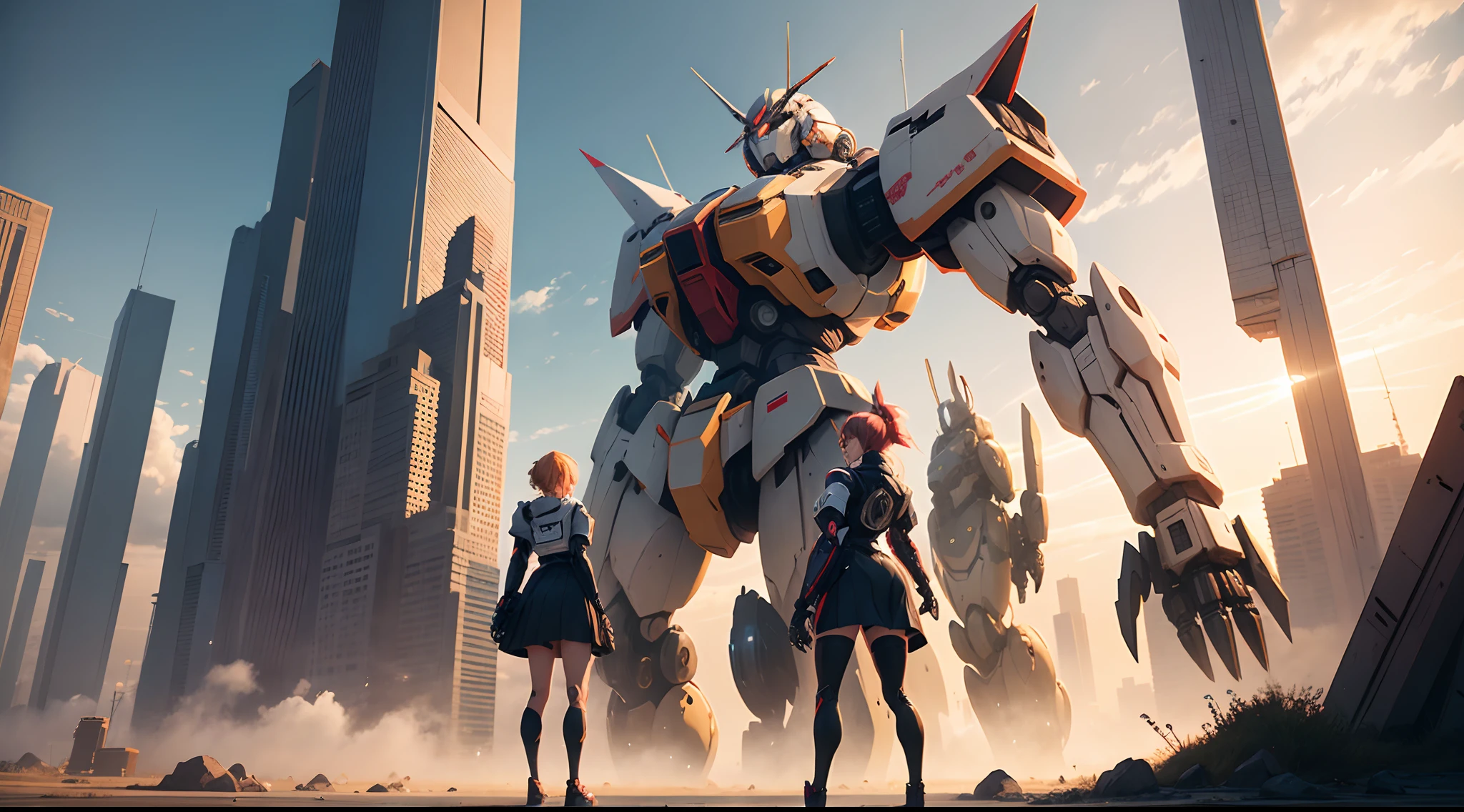 Anime - Female style artwork standing in front of giant robot, giant anime mecha, mecha aesthetic, anime mecha aesthetic, mecha anime, big mecha, anime large mecha robot, modern mecha anime, anime manga robot!! Anime girls, mecha art, anime robots mixed with organic